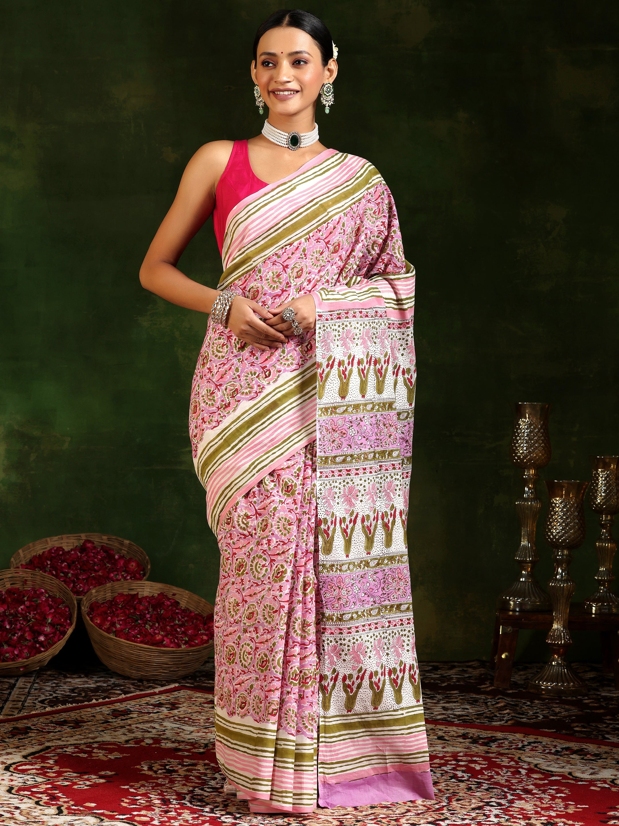 Lavender Printed Cotton Saree With Unstitched Blouse Piece