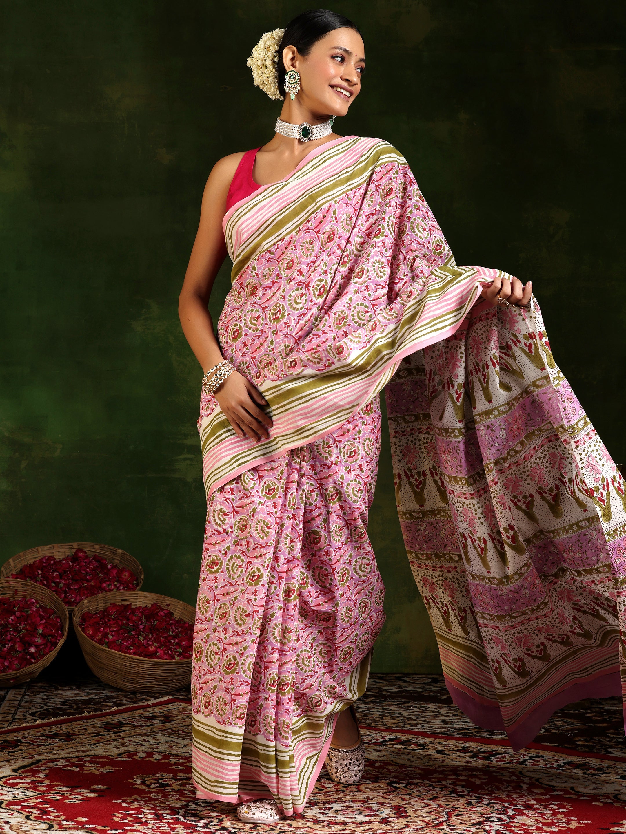 Lavender Printed Cotton Saree With Unstitched Blouse Piece