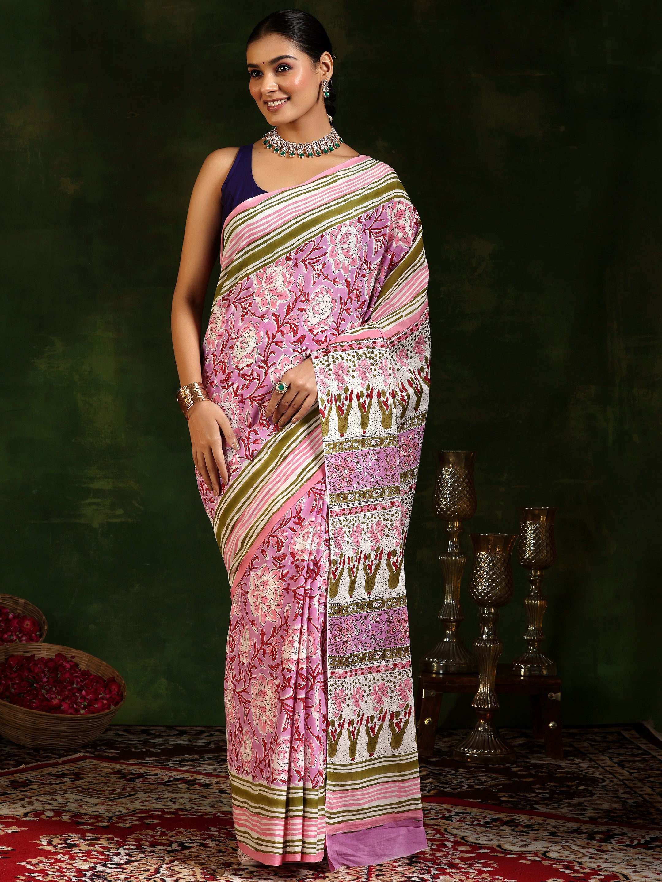 Lavender Printed Cotton Saree With Unstitched Blouse Piece