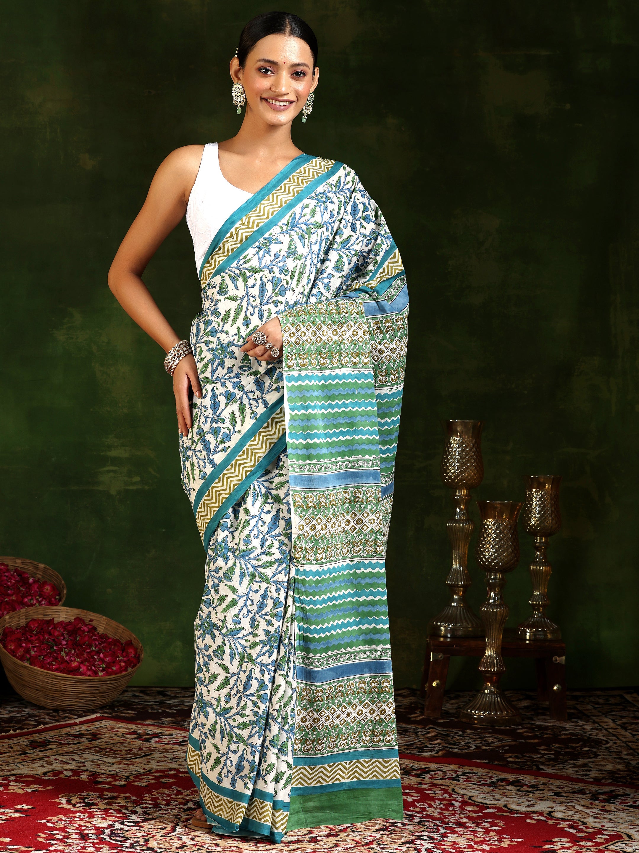 Off White Printed Cotton Saree With Unstitched Blouse Piece