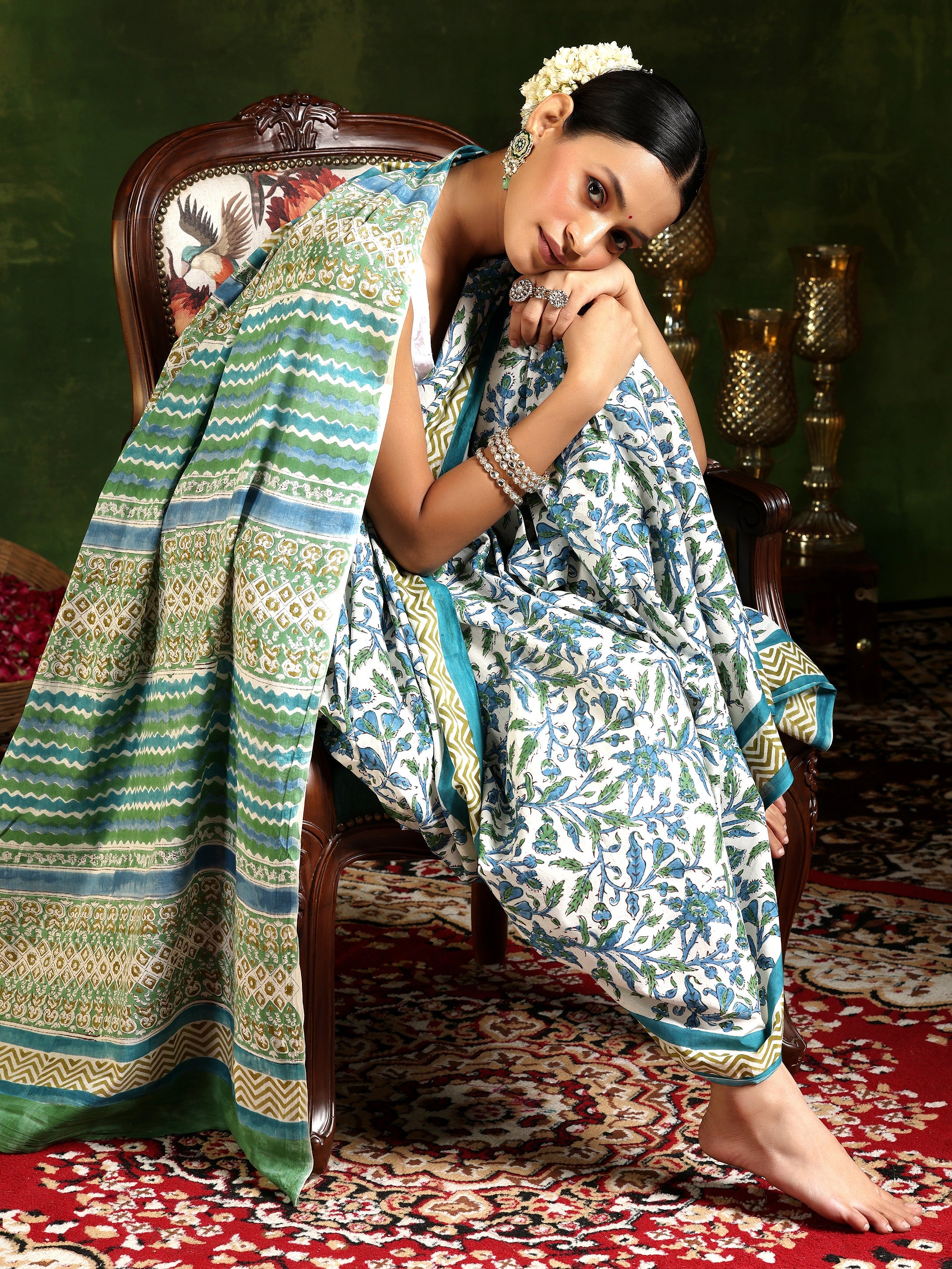 Off White Printed Cotton Saree With Unstitched Blouse Piece