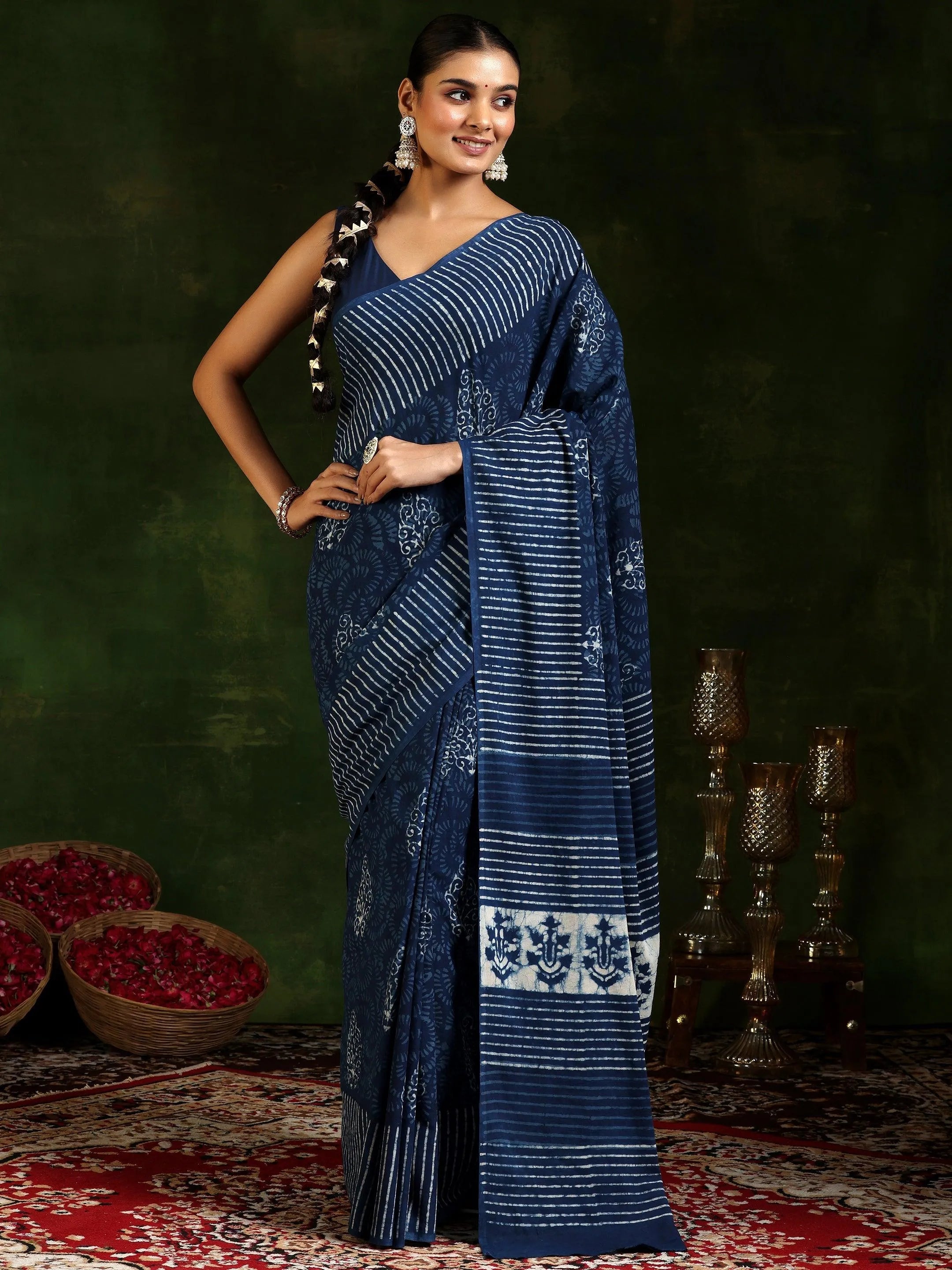 Indigo Printed Cotton Saree With Unstitched Blouse Piece