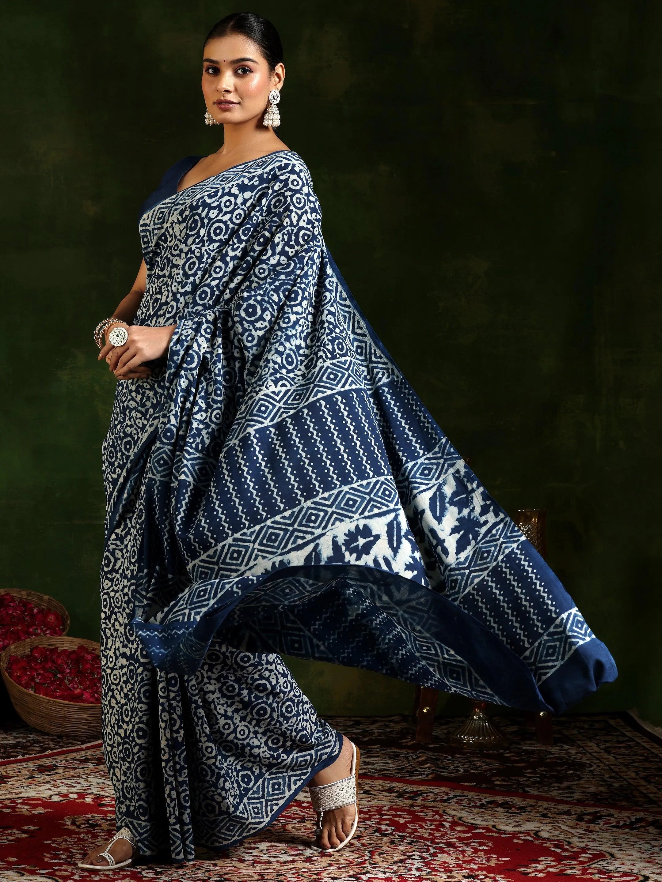 Indigo Printed Cotton Saree With Unstitched Blouse Piece