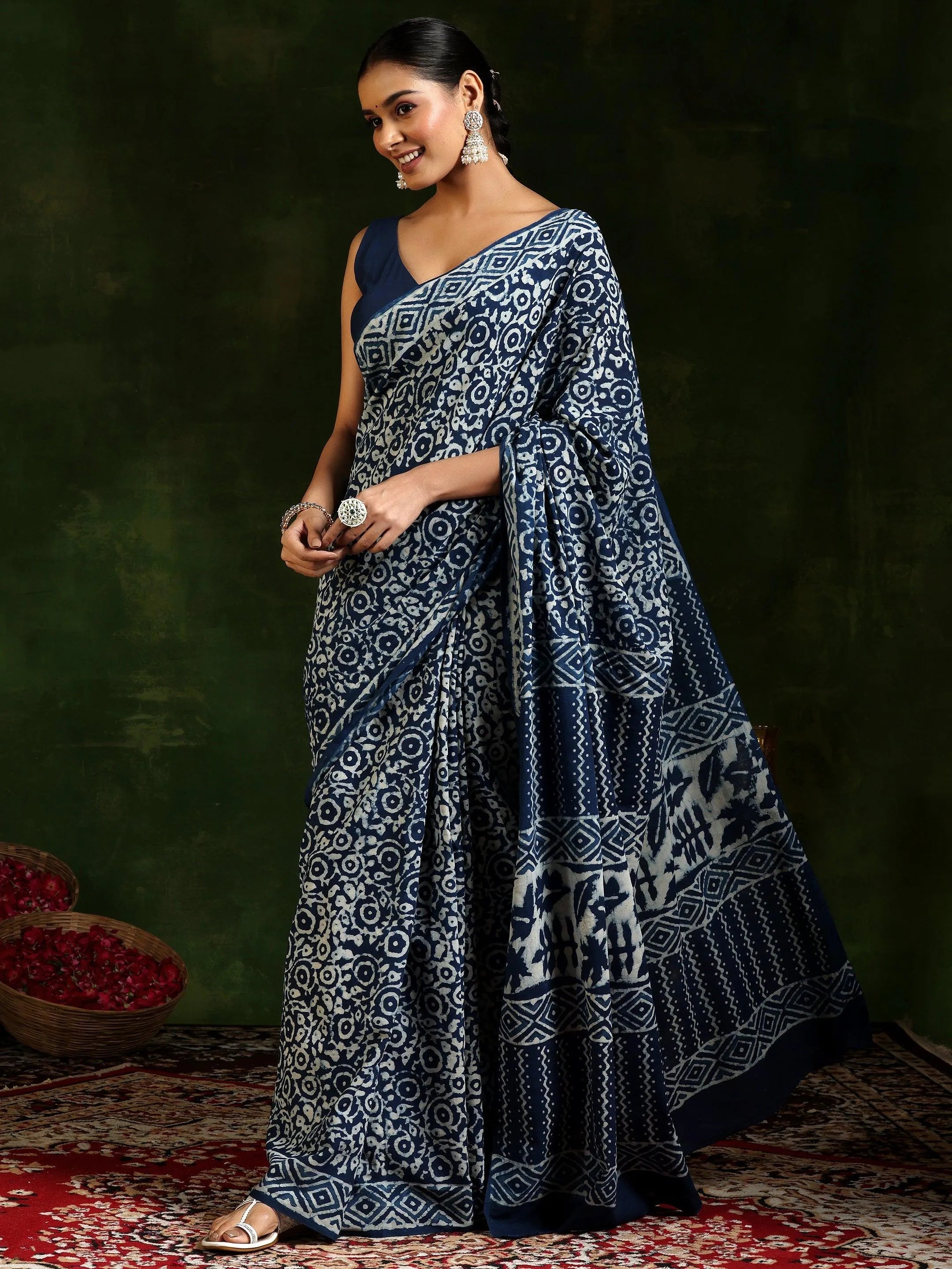 Indigo Printed Cotton Saree With Unstitched Blouse Piece