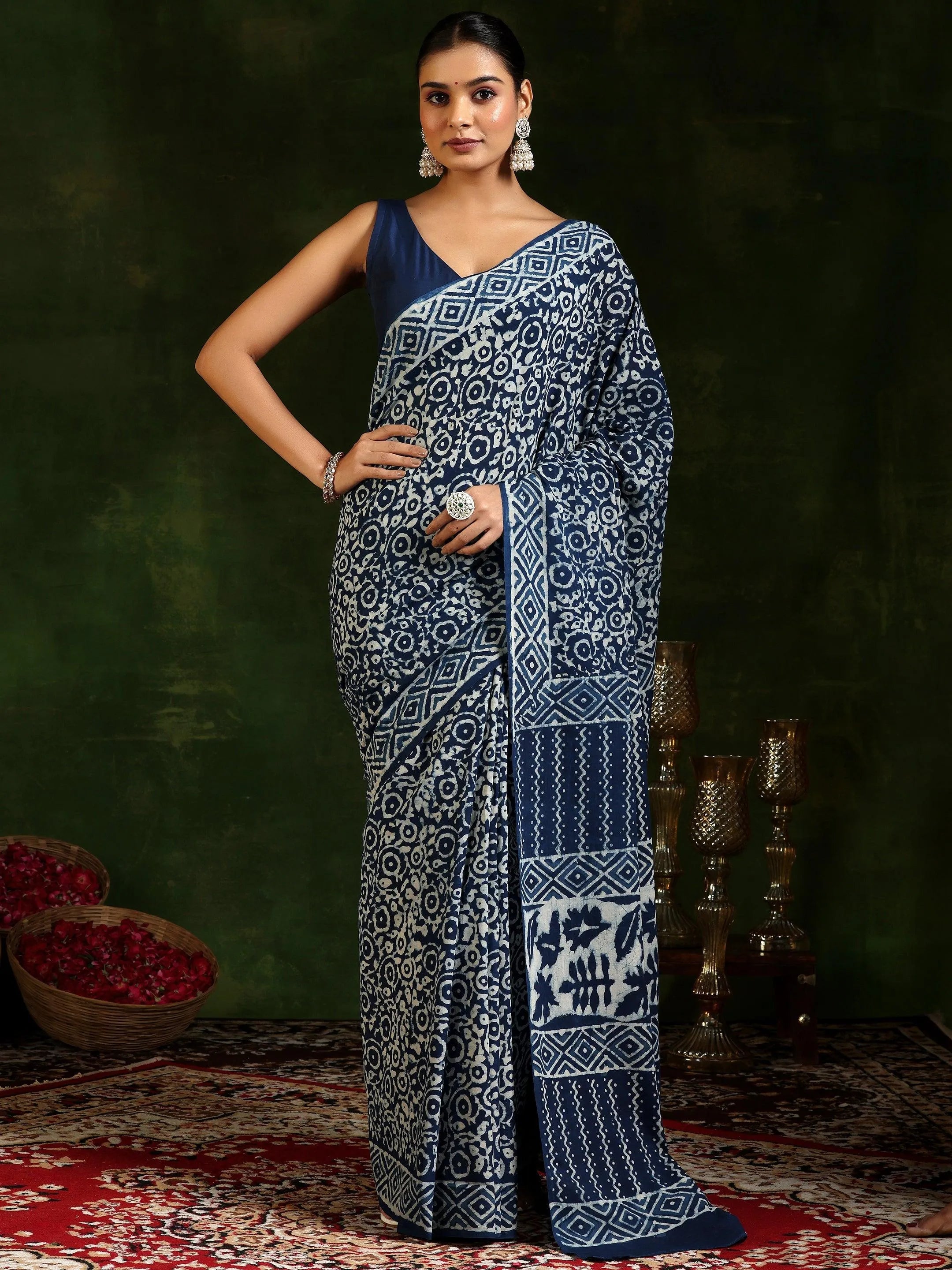 Indigo Printed Cotton Saree With Unstitched Blouse Piece