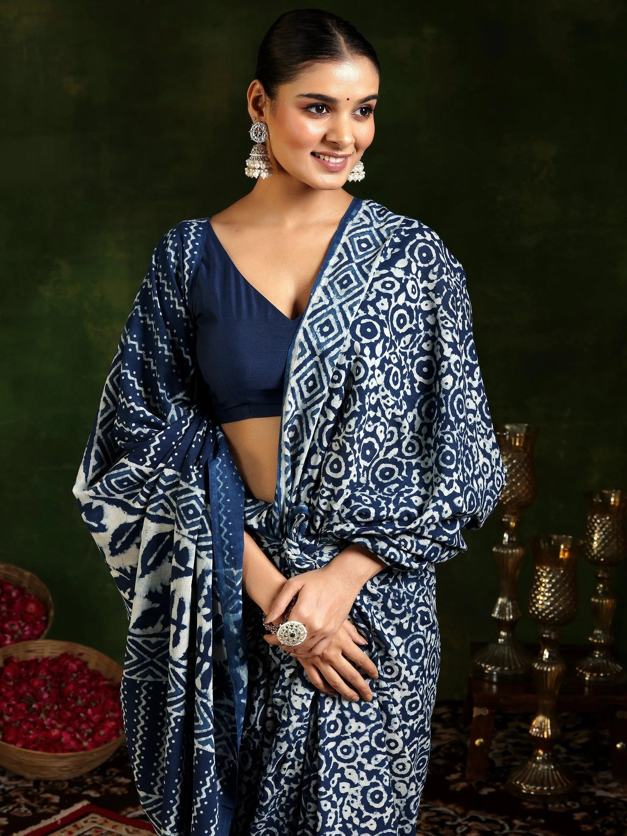 Indigo Printed Cotton Saree With Unstitched Blouse Piece