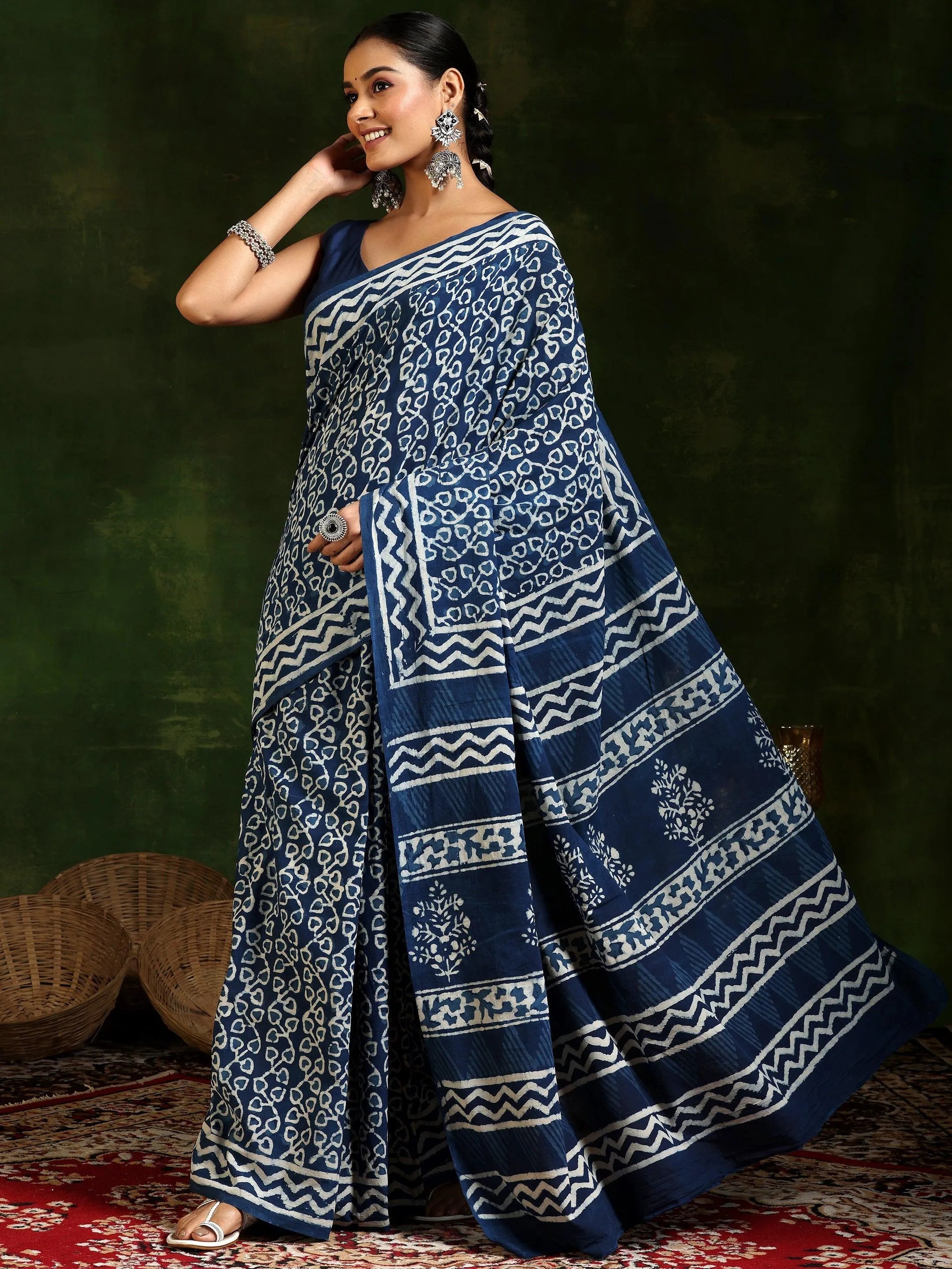 Indigo Printed Cotton Saree With Unstitched Blouse Piece