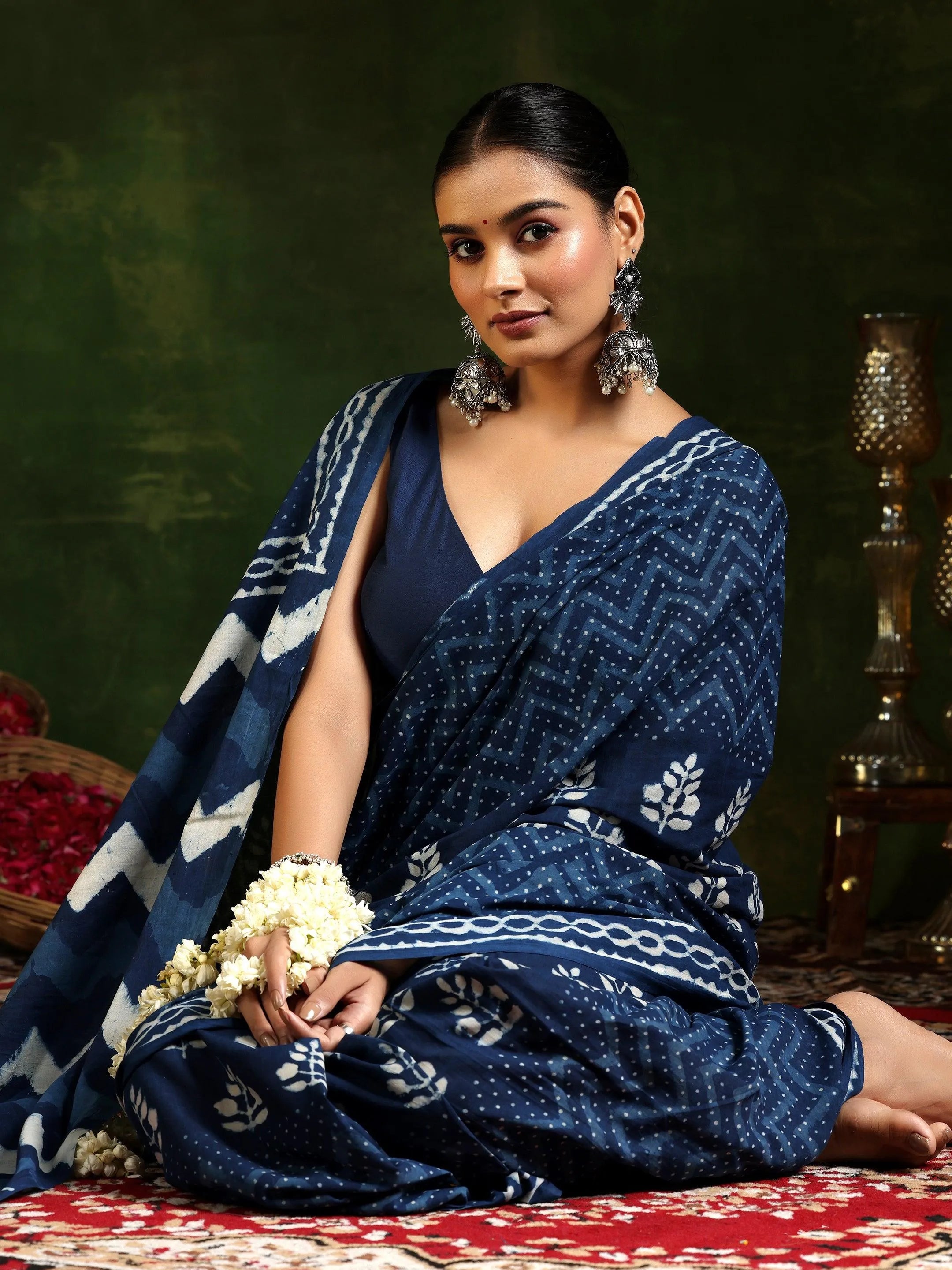 Indigo Printed Cotton Saree With Unstitched Blouse Piece