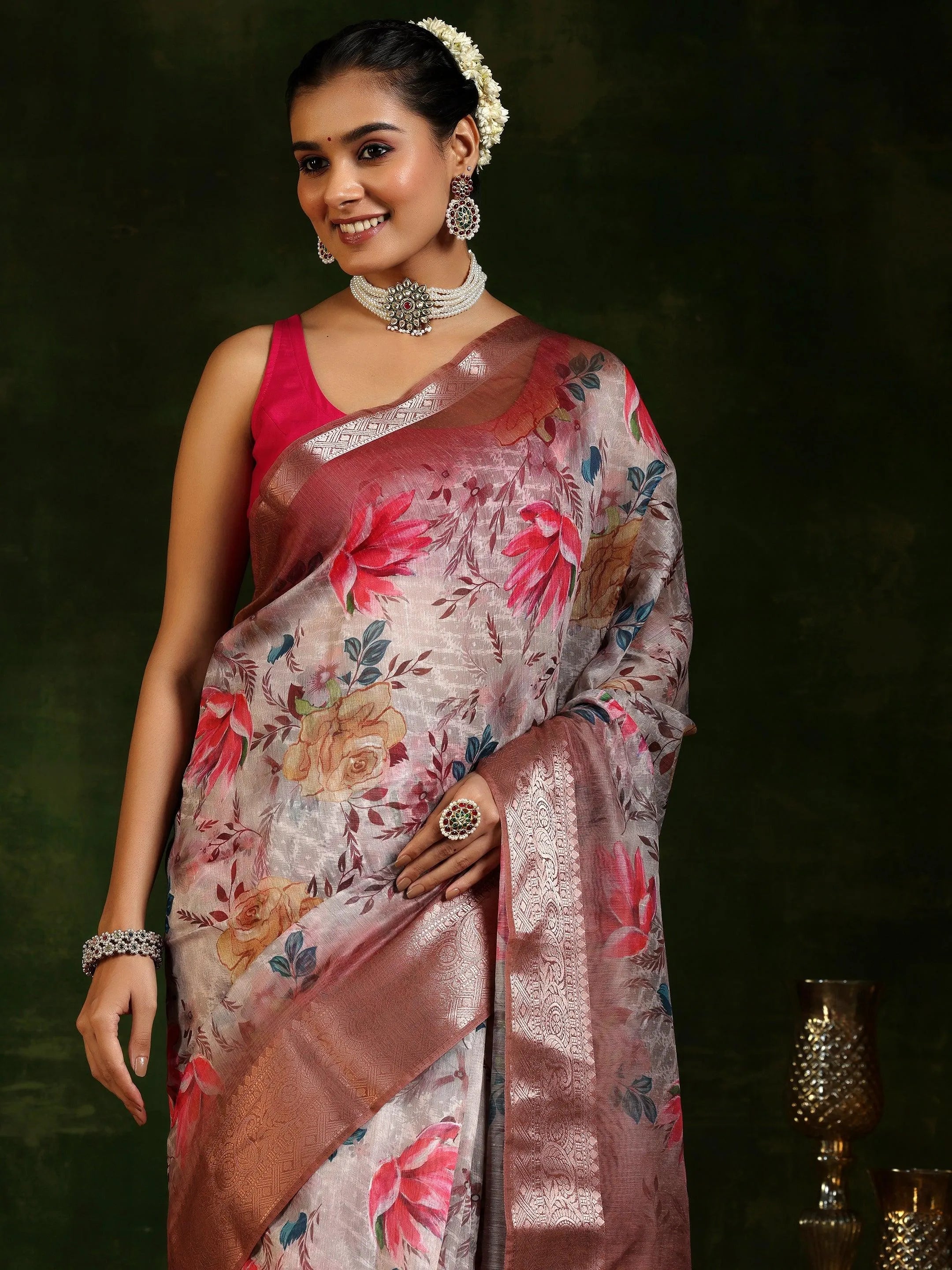 Multi Printed Silk Blend Saree With Unstitched Blouse Piece