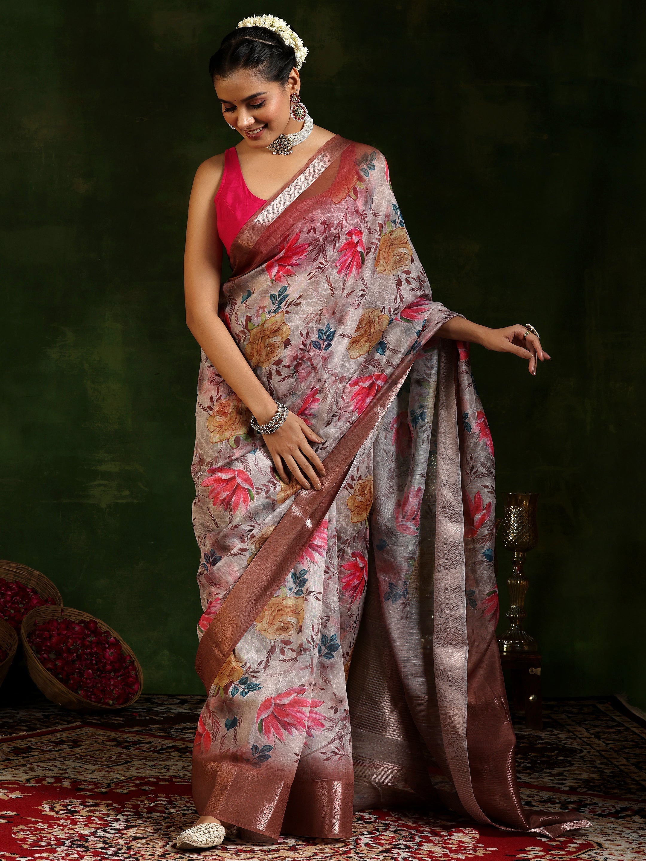 Multi Printed Silk Blend Saree With Unstitched Blouse Piece