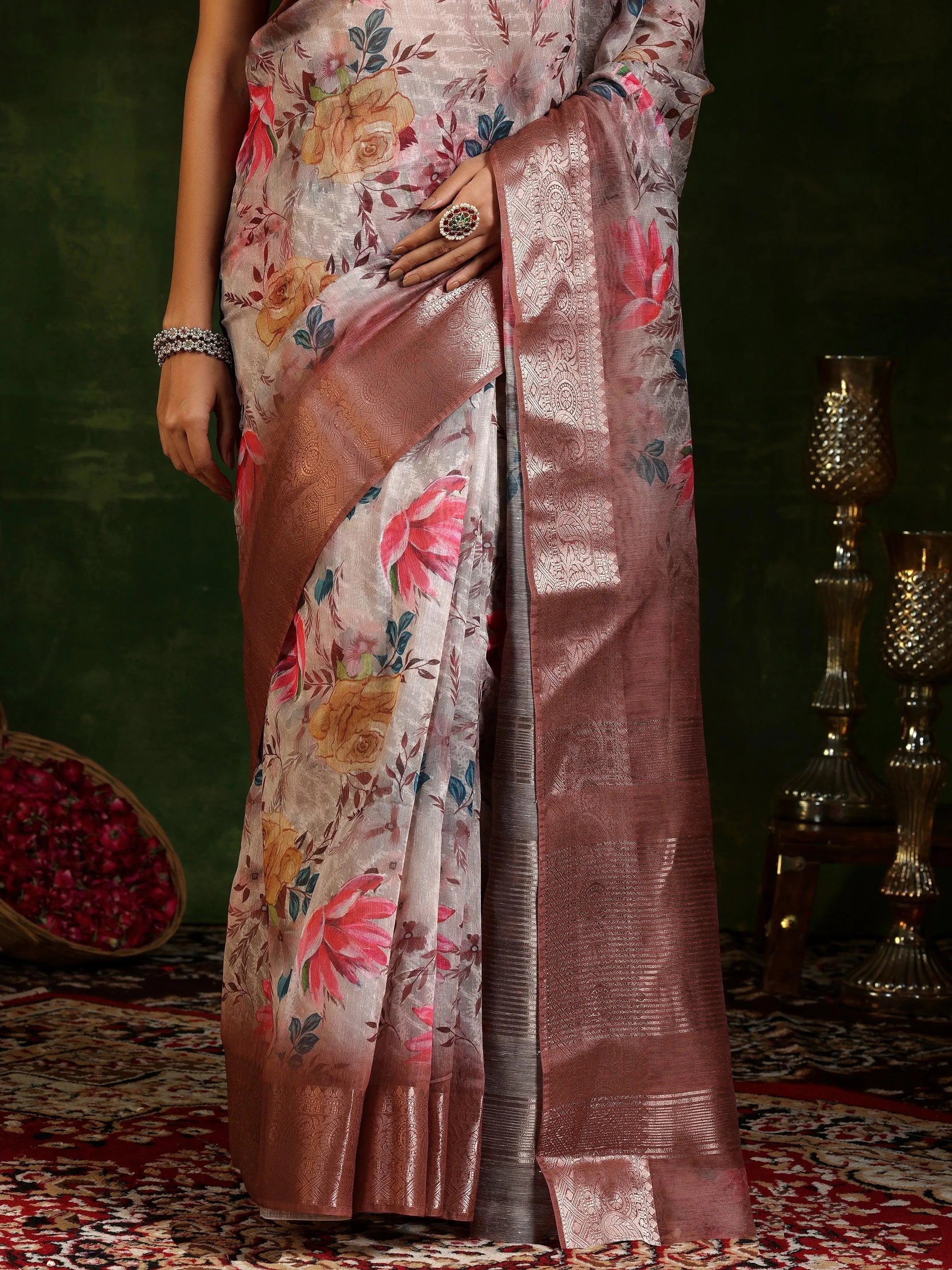 Multi Printed Silk Blend Saree With Unstitched Blouse Piece