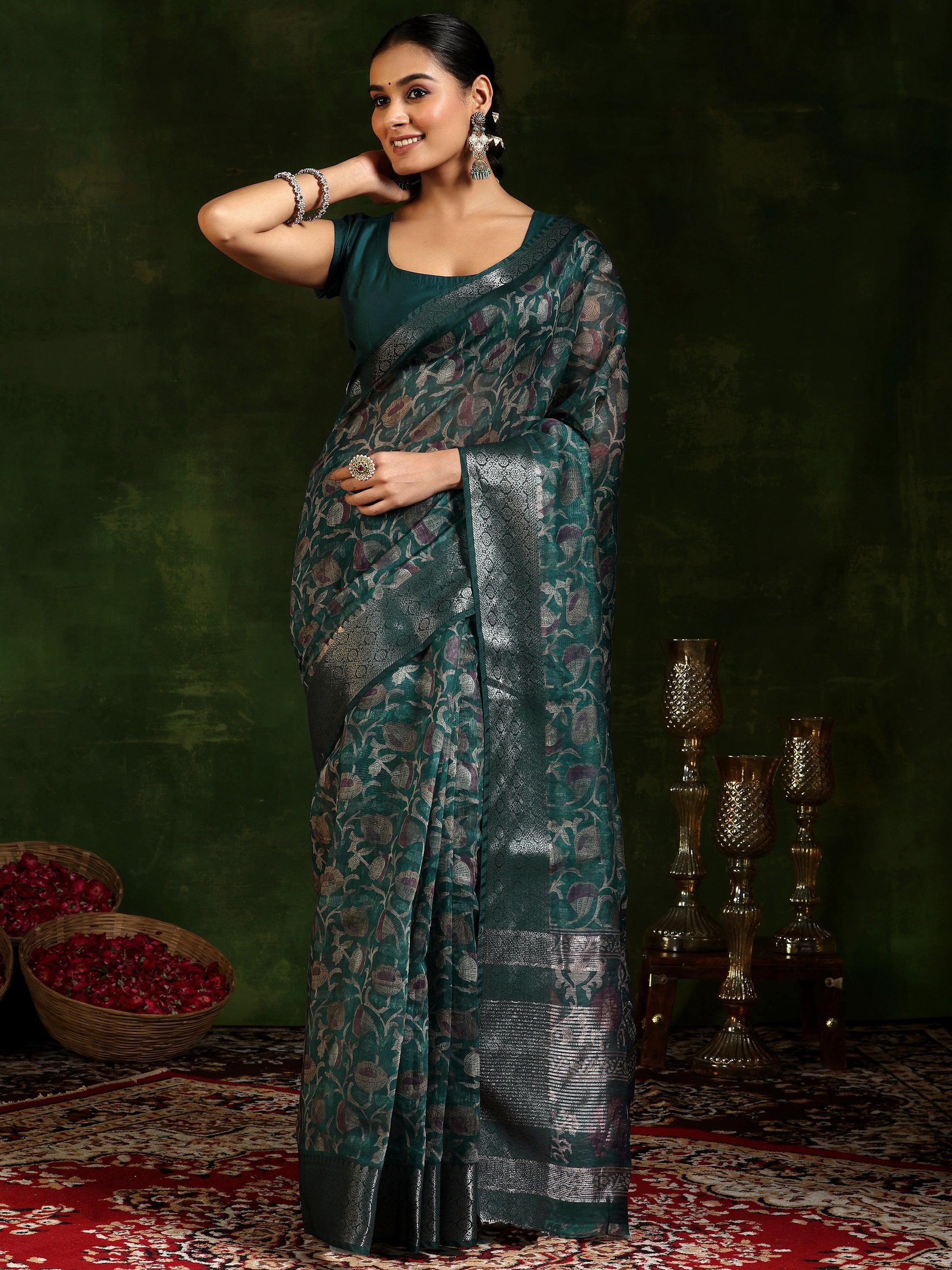 Teal Printed Silk Blend Saree With Unstitched Blouse Piece