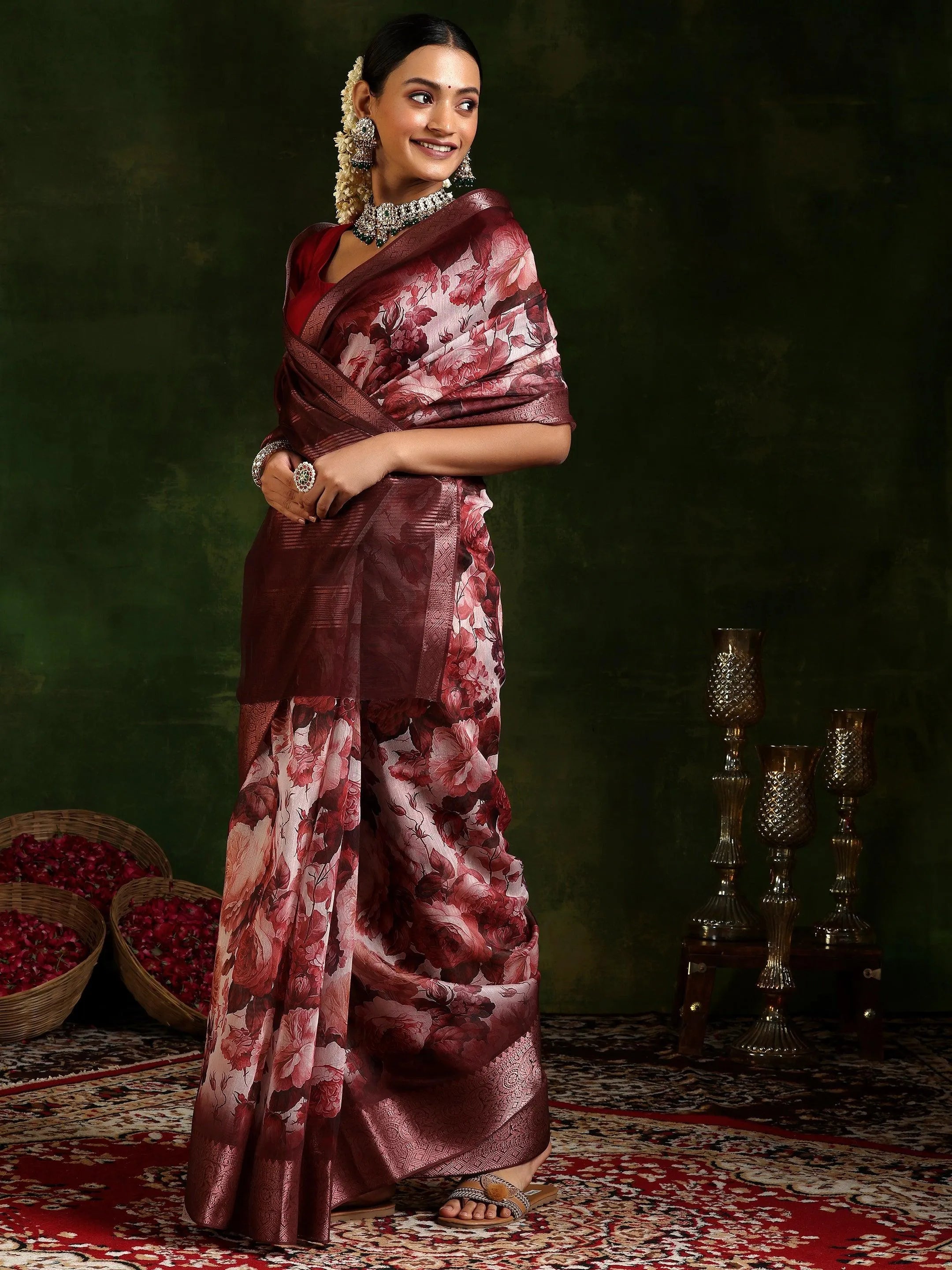 Maroon Printed Silk Blend Saree With Unstitched Blouse Piece