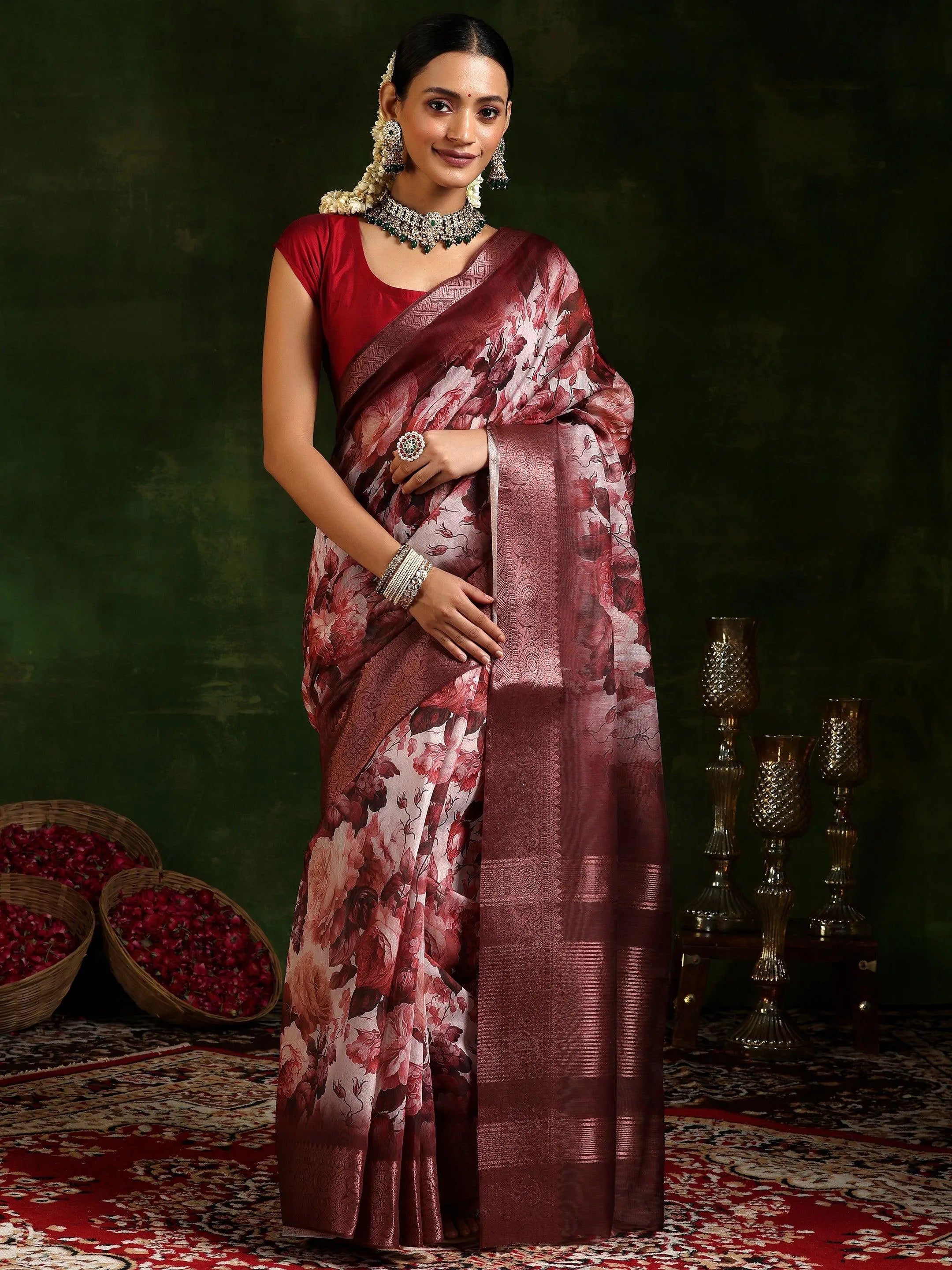 Maroon Printed Silk Blend Saree With Unstitched Blouse Piece