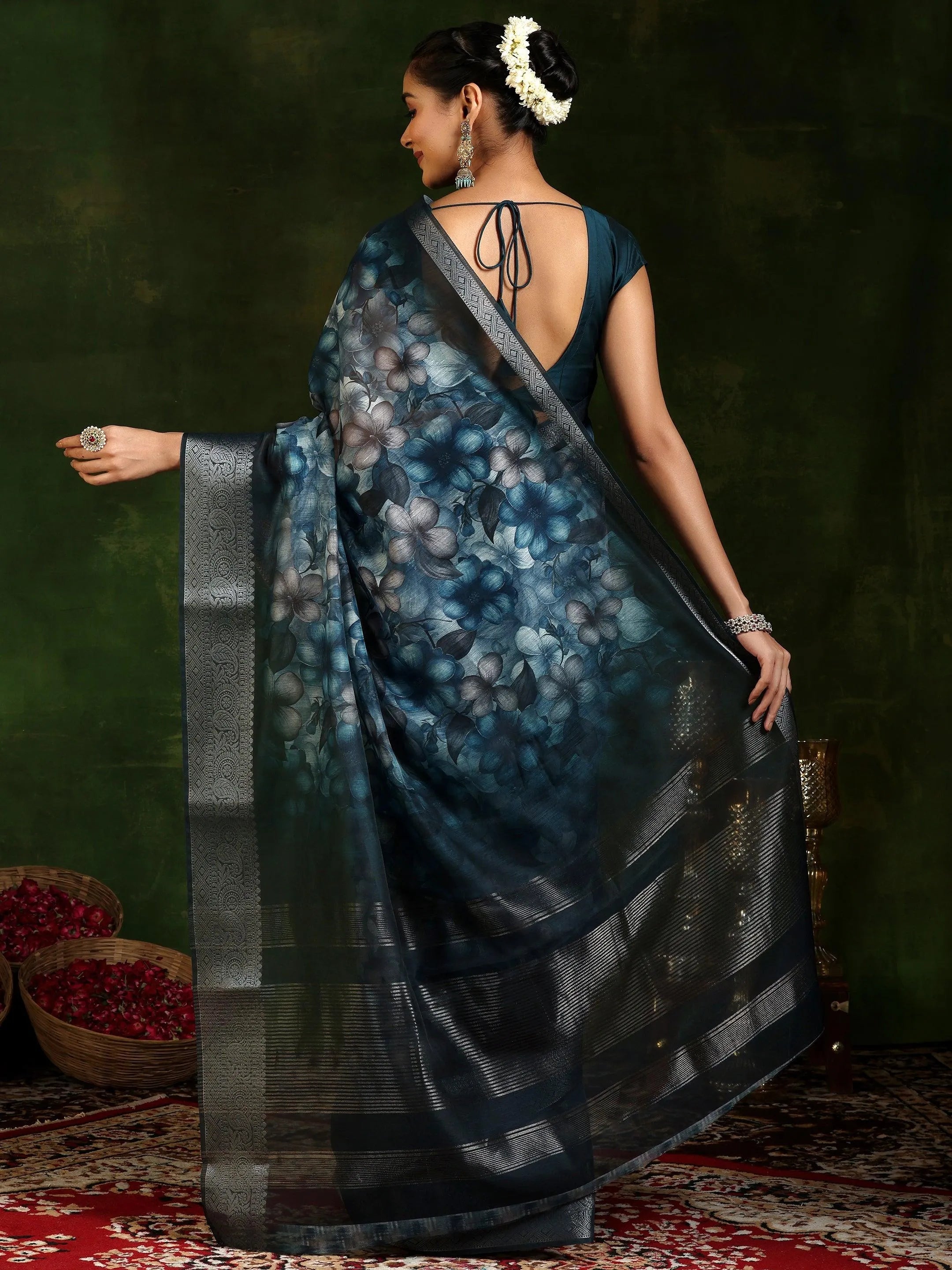 Blue Printed Silk Blend Saree With Unstitched Blouse Piece