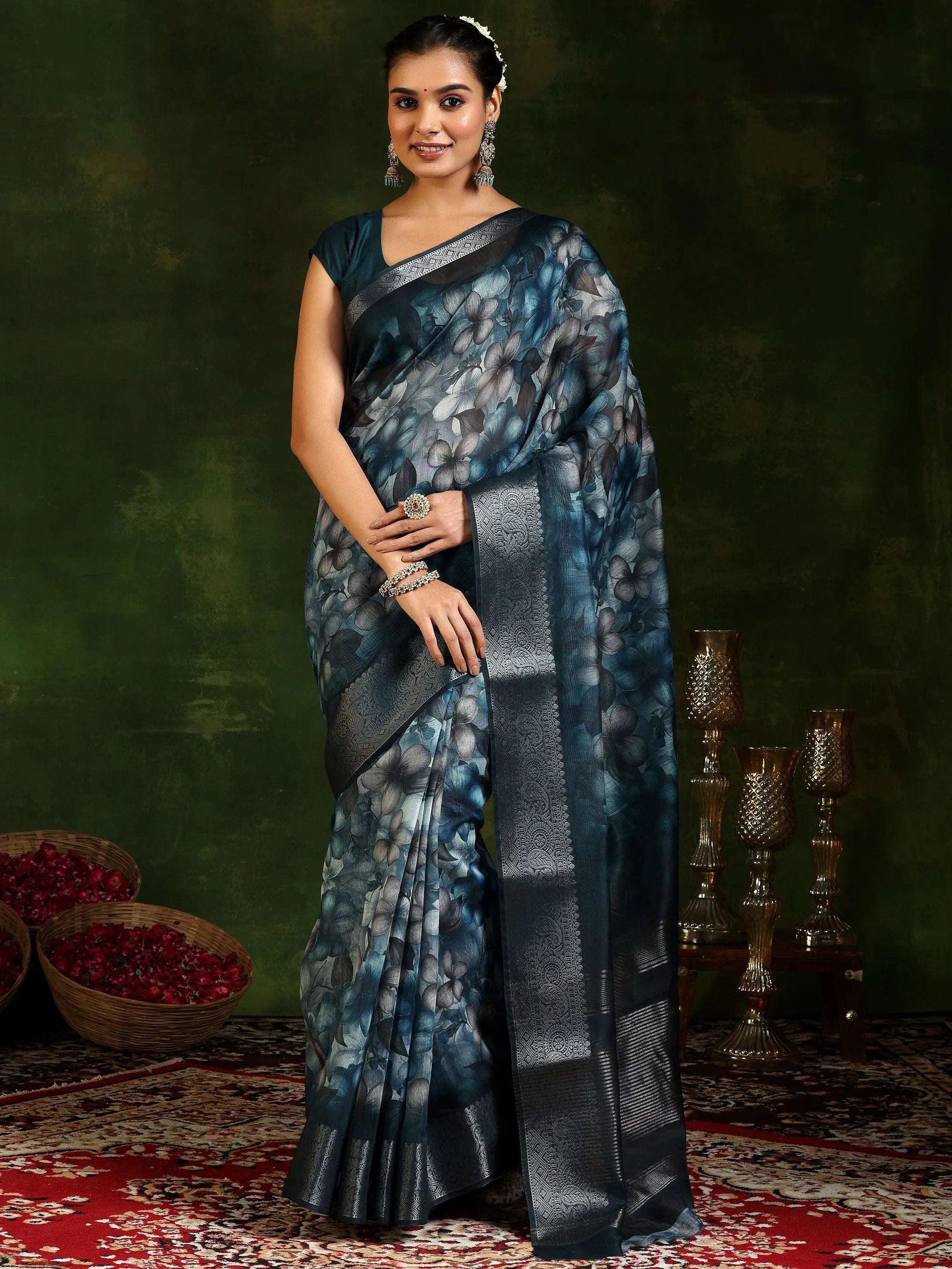 Blue Printed Silk Blend Saree With Unstitched Blouse Piece