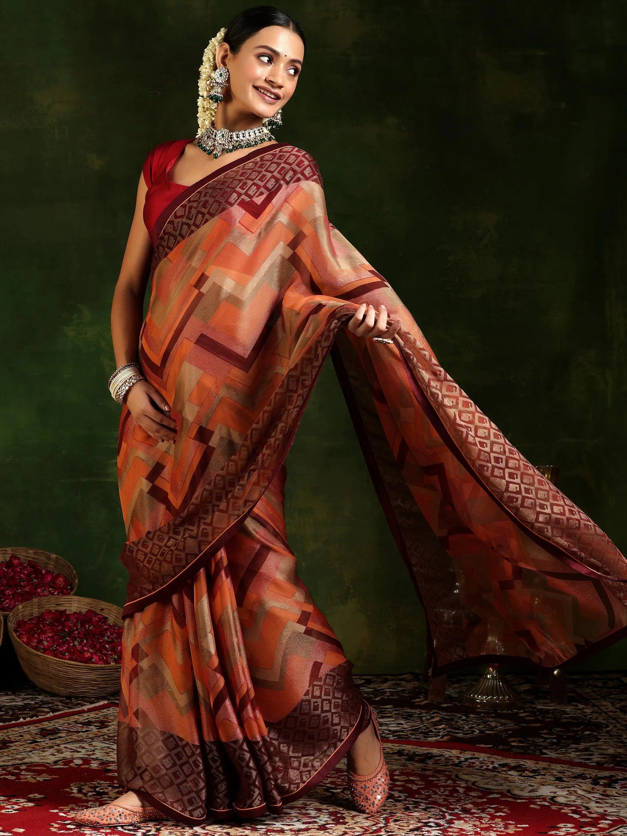 Rust Printed Poly Chiffon Saree With Unstitched Blouse Piece