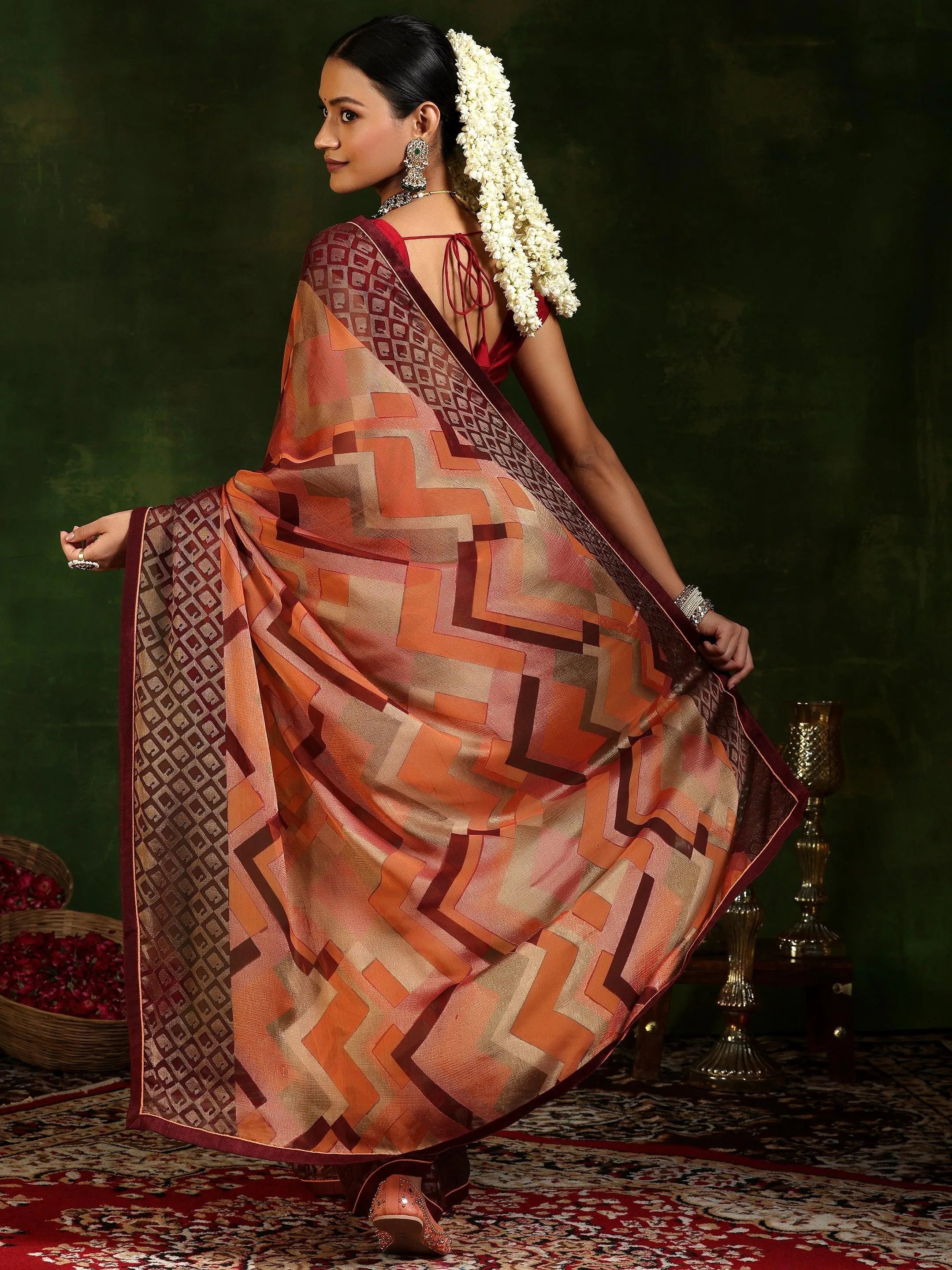 Rust Printed Poly Chiffon Saree With Unstitched Blouse Piece