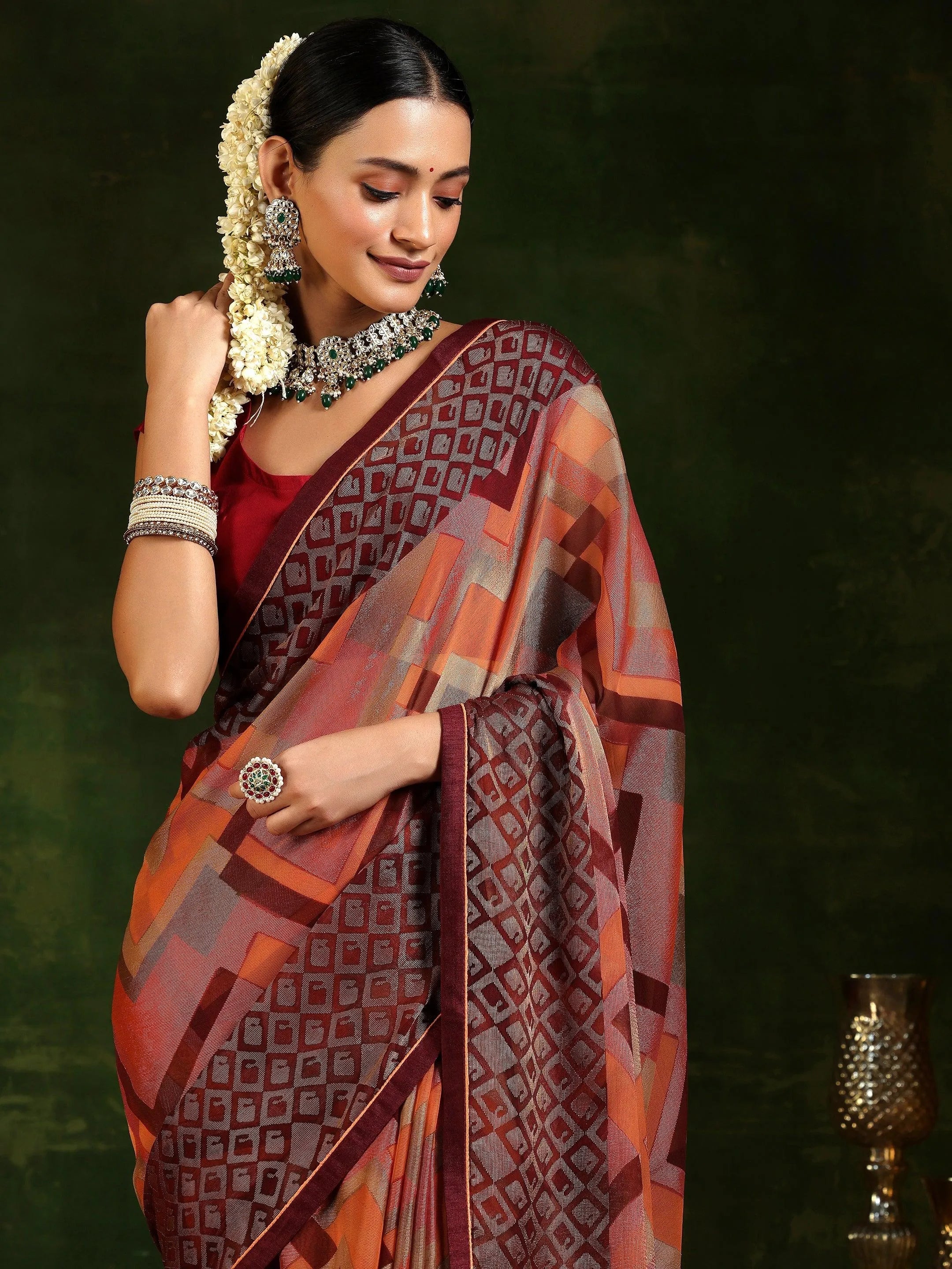 Rust Printed Poly Chiffon Saree With Unstitched Blouse Piece