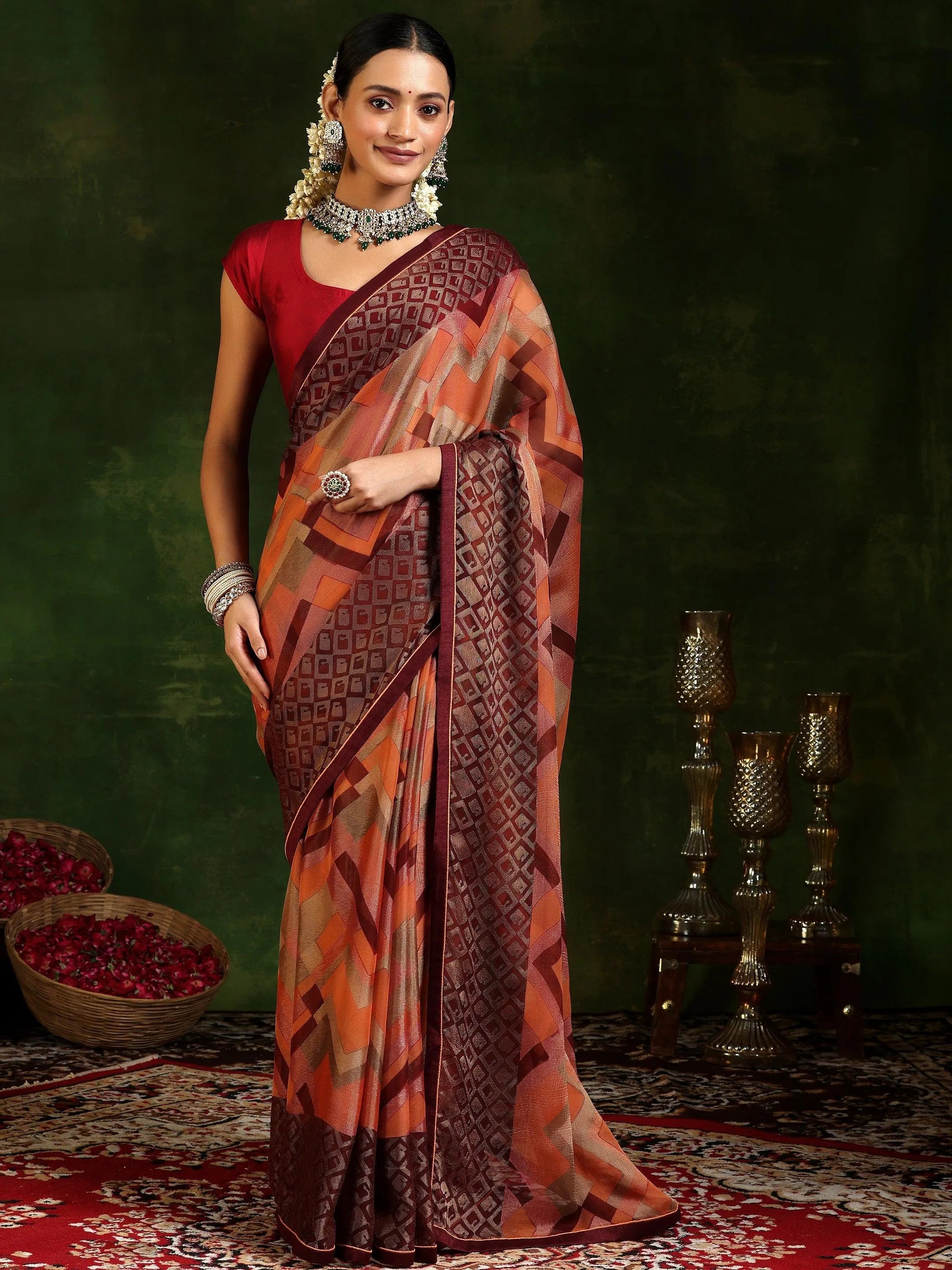 Rust Printed Poly Chiffon Saree With Unstitched Blouse Piece