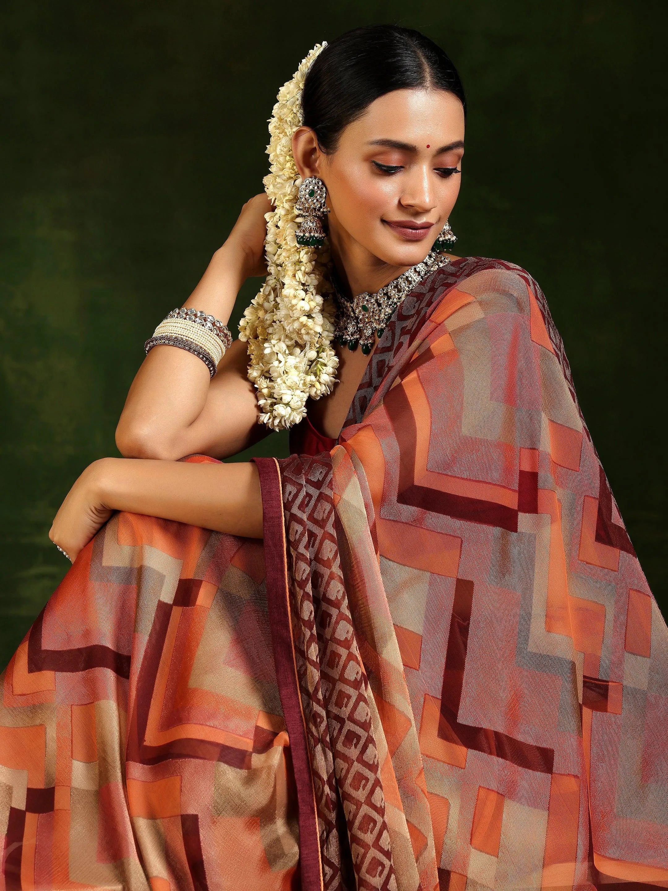 Rust Printed Poly Chiffon Saree With Unstitched Blouse Piece