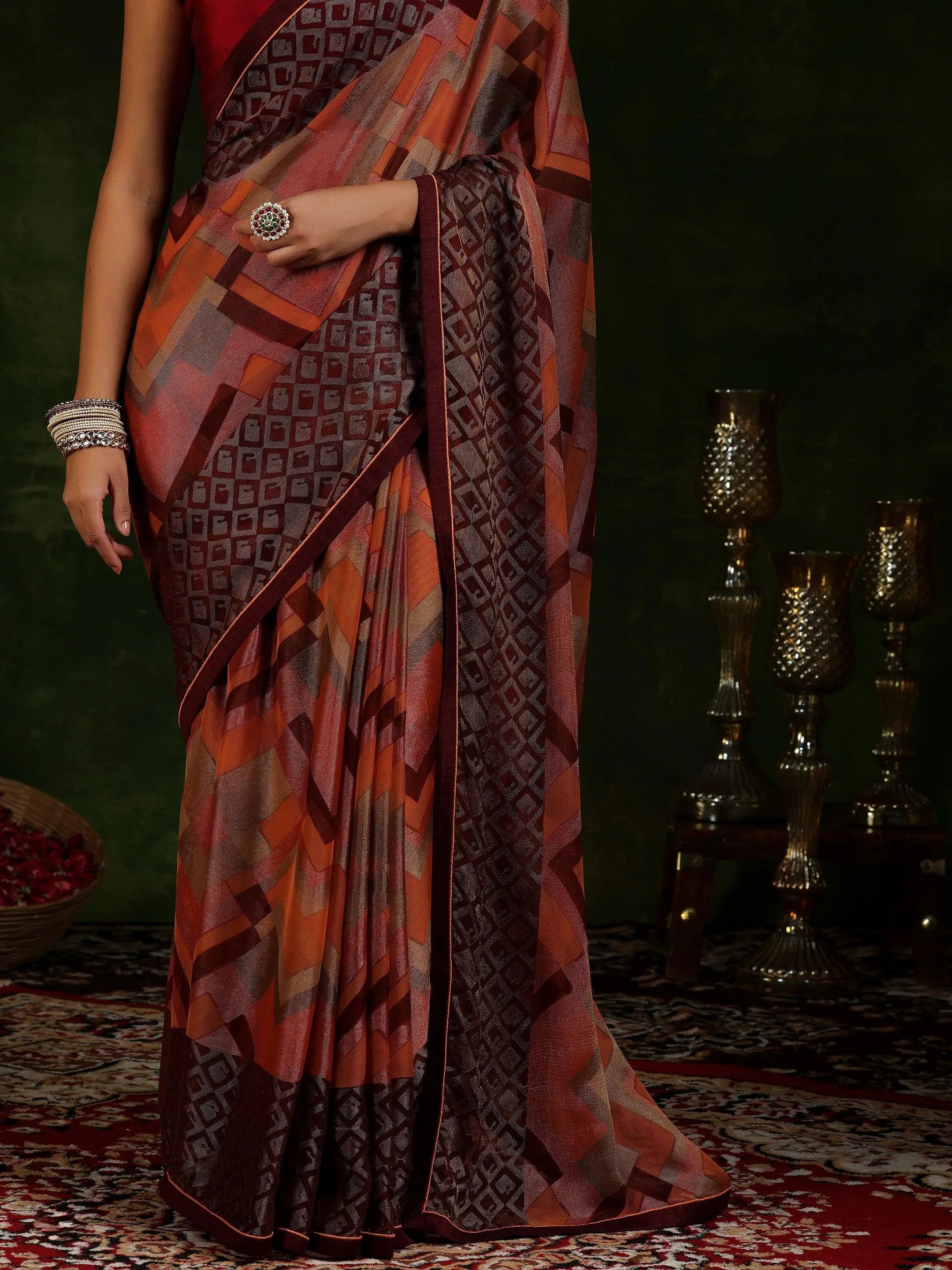 Rust Printed Poly Chiffon Saree With Unstitched Blouse Piece