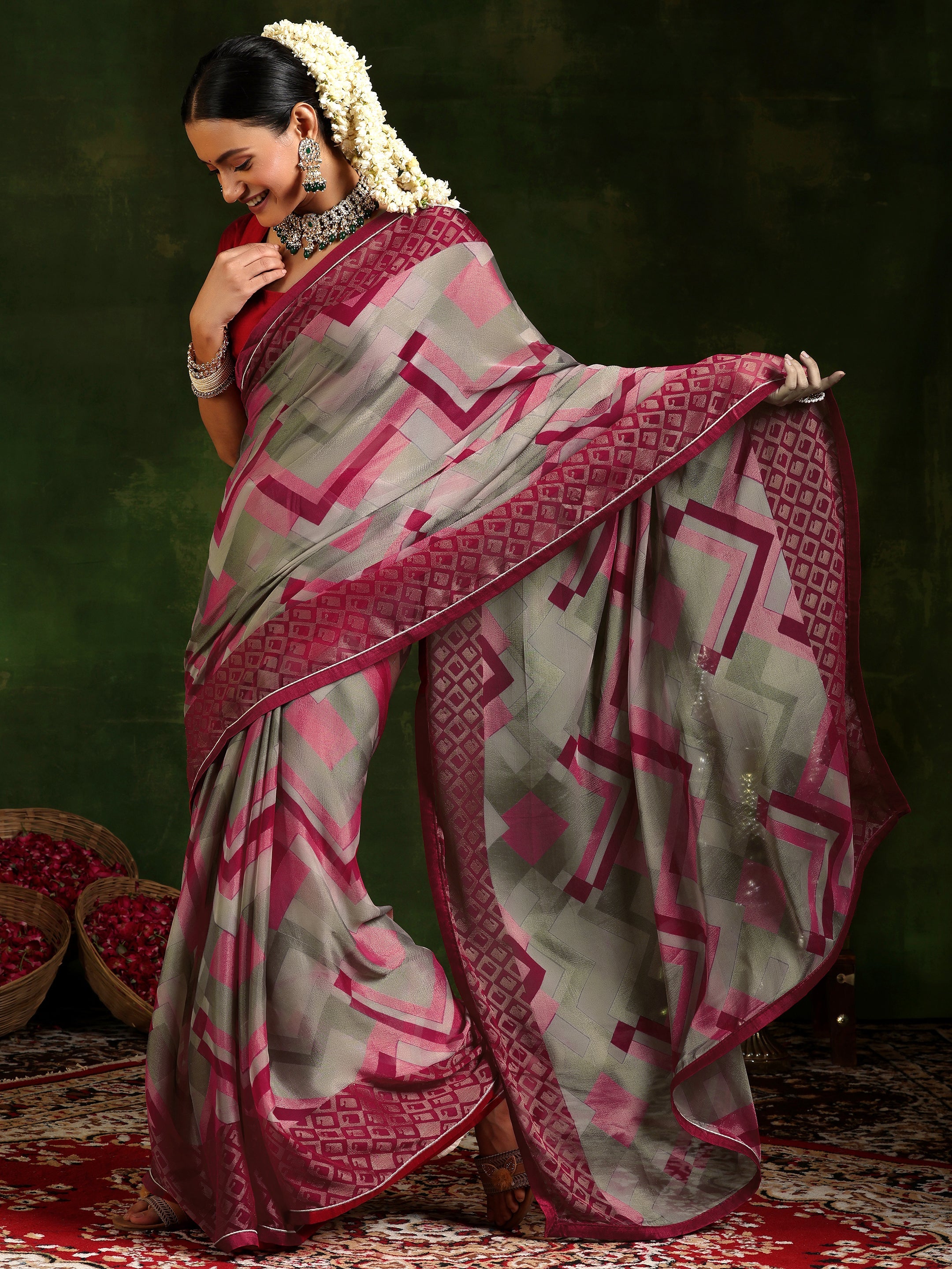 Pink Printed Poly Chiffon Saree With Unstitched Blouse Piece