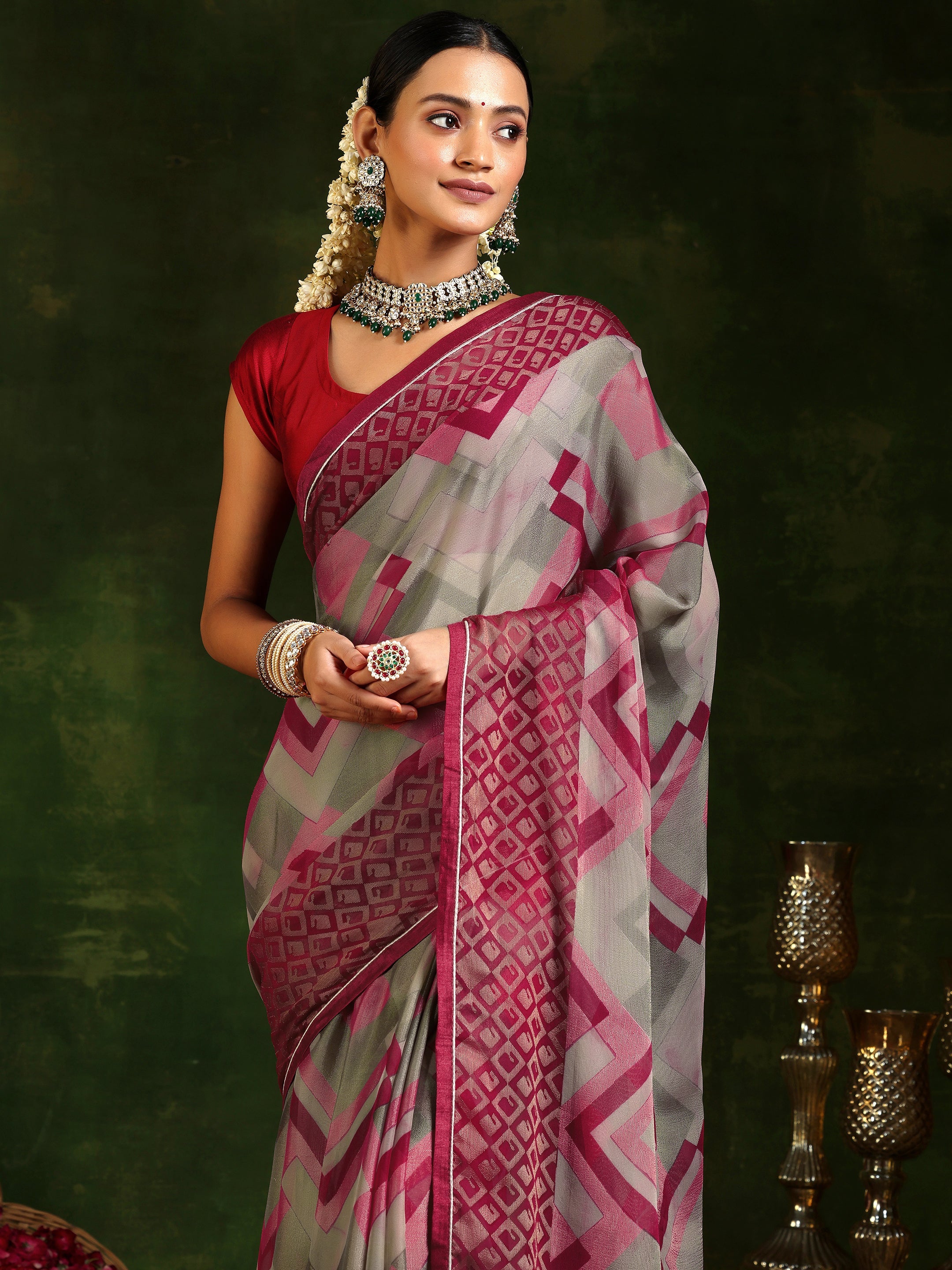 Pink Printed Poly Chiffon Saree With Unstitched Blouse Piece