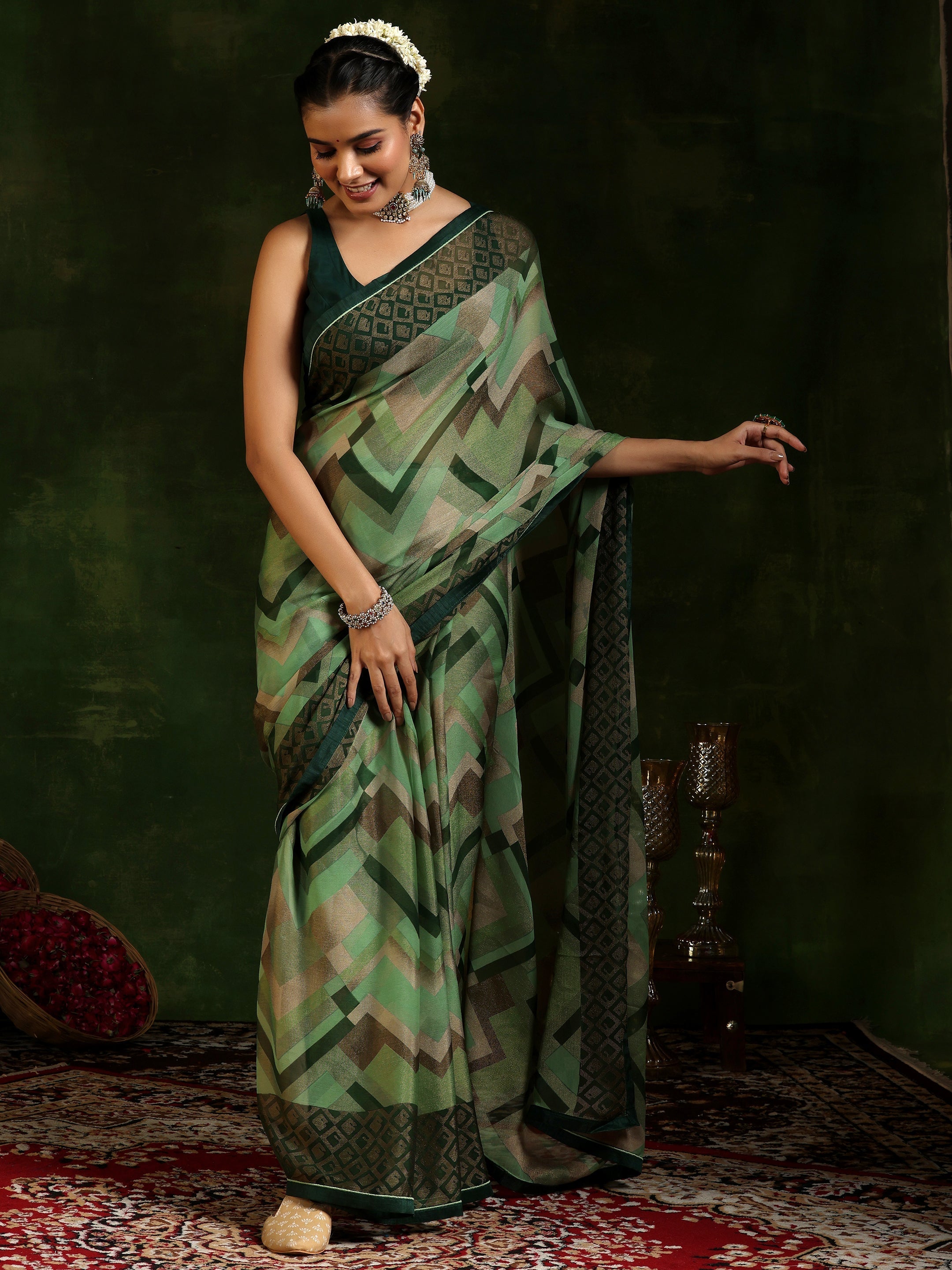 Green Printed Poly Chiffon Saree With Unstitched Blouse Piece