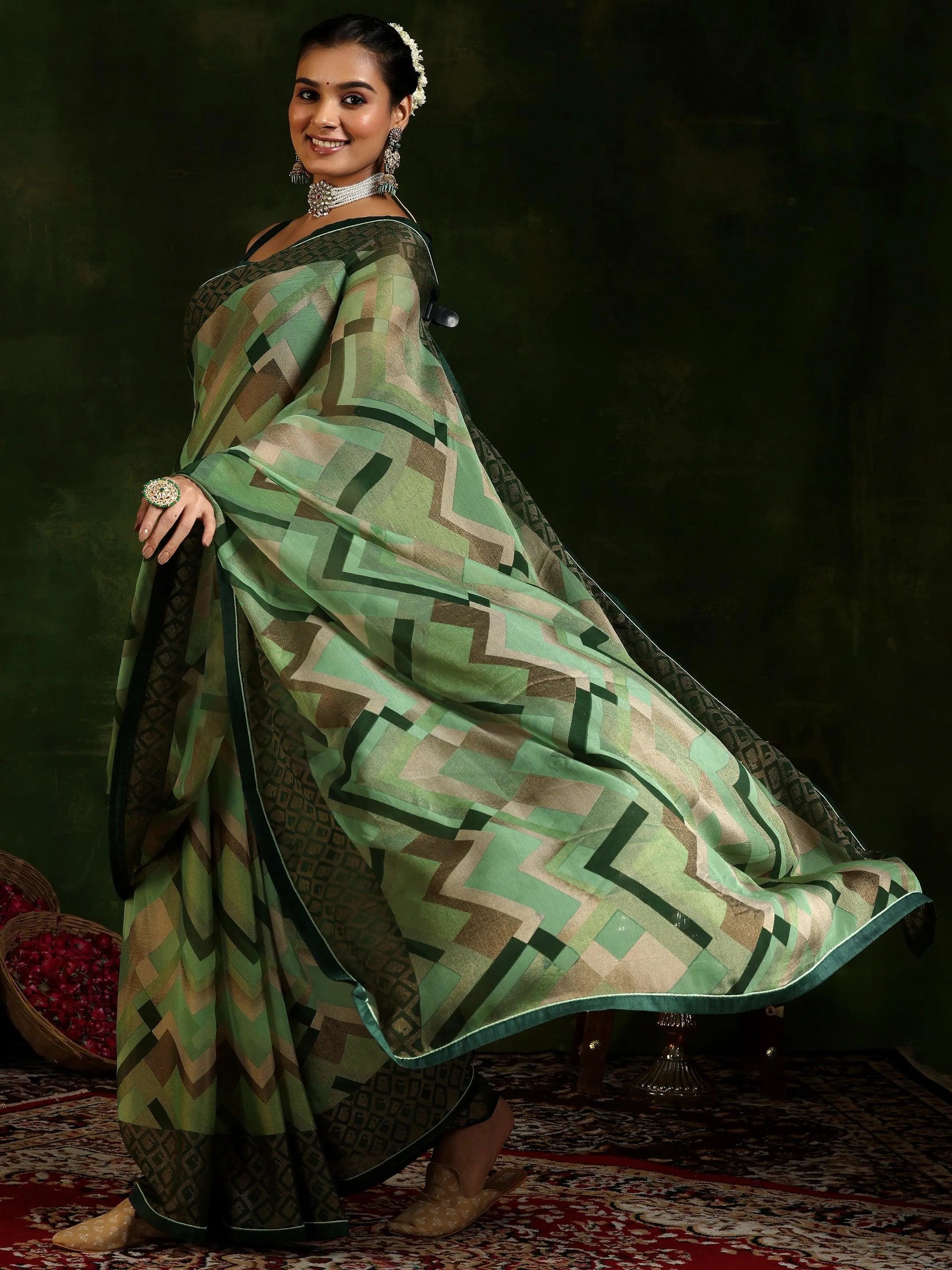 Green Printed Poly Chiffon Saree With Unstitched Blouse Piece