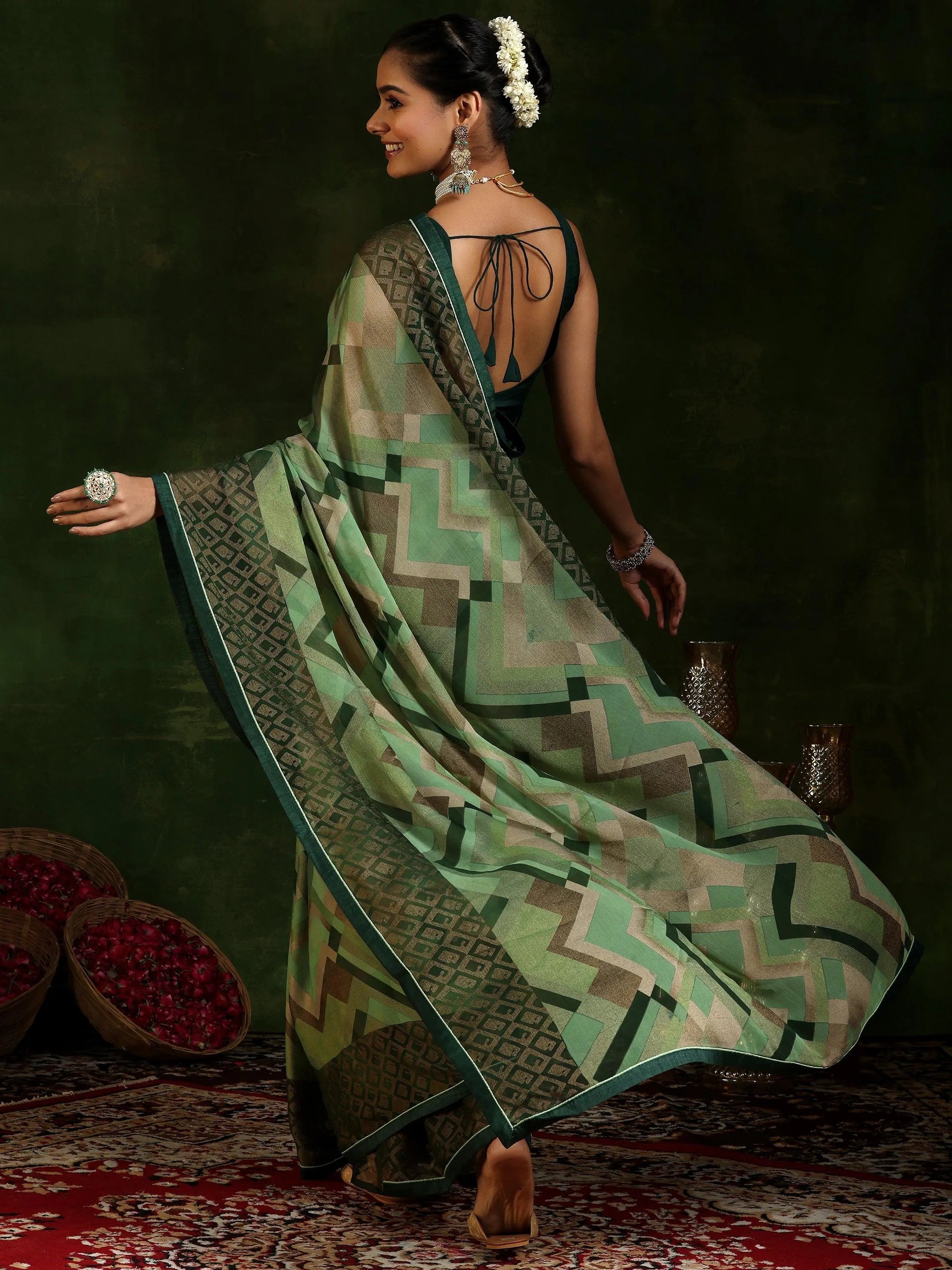 Green Printed Poly Chiffon Saree With Unstitched Blouse Piece