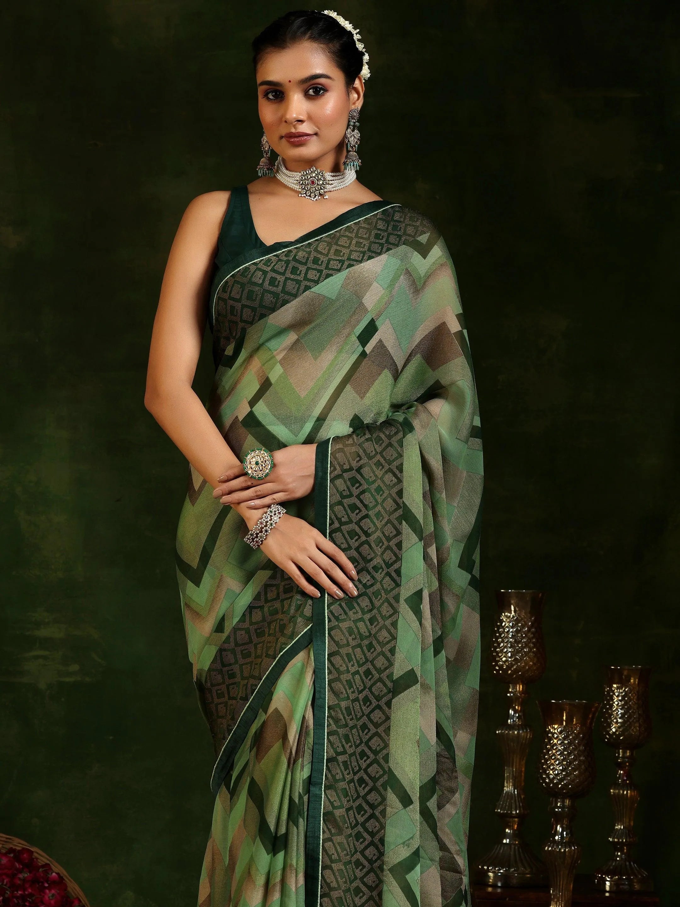 Green Printed Poly Chiffon Saree With Unstitched Blouse Piece