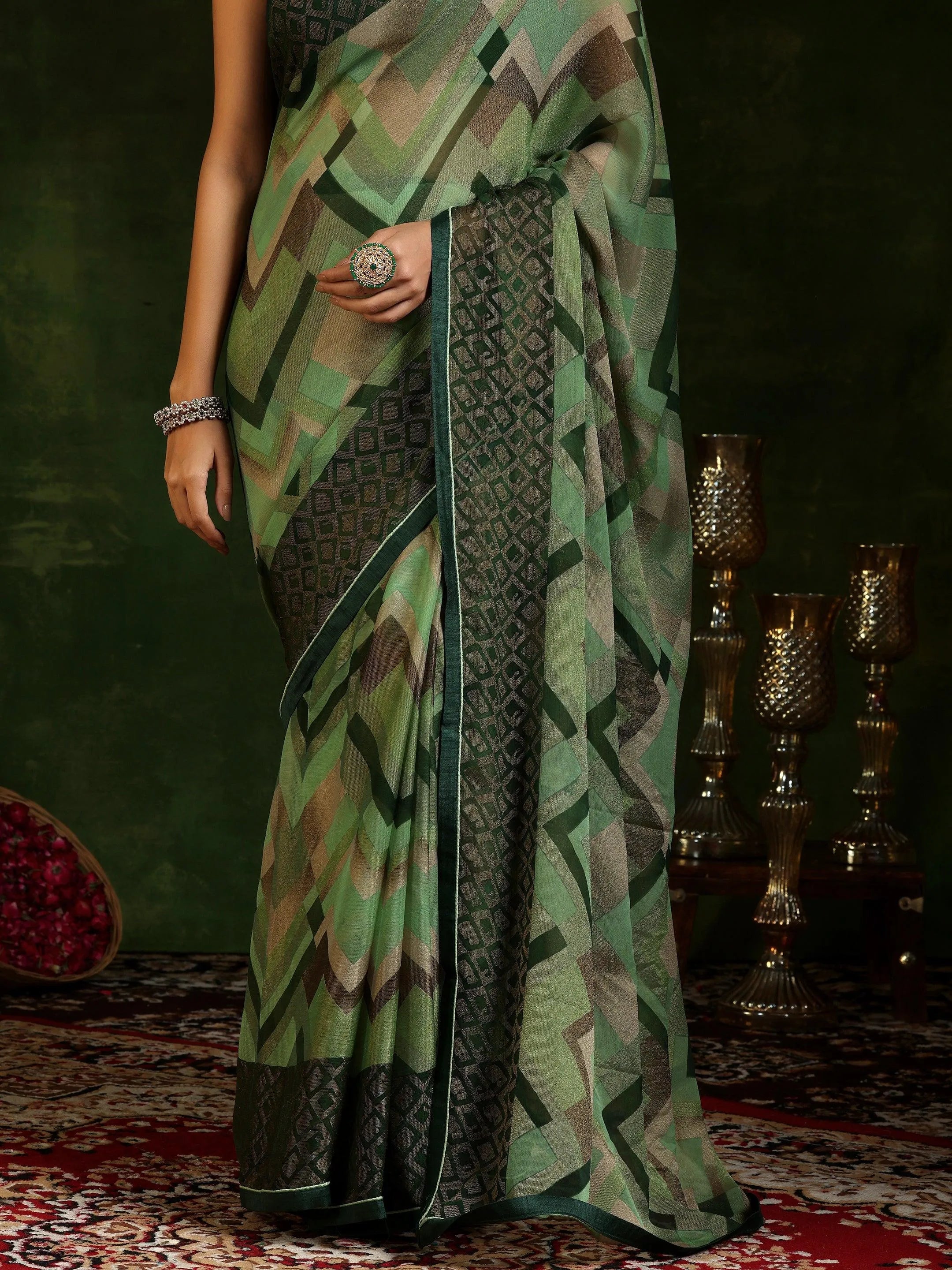 Green Printed Poly Chiffon Saree With Unstitched Blouse Piece