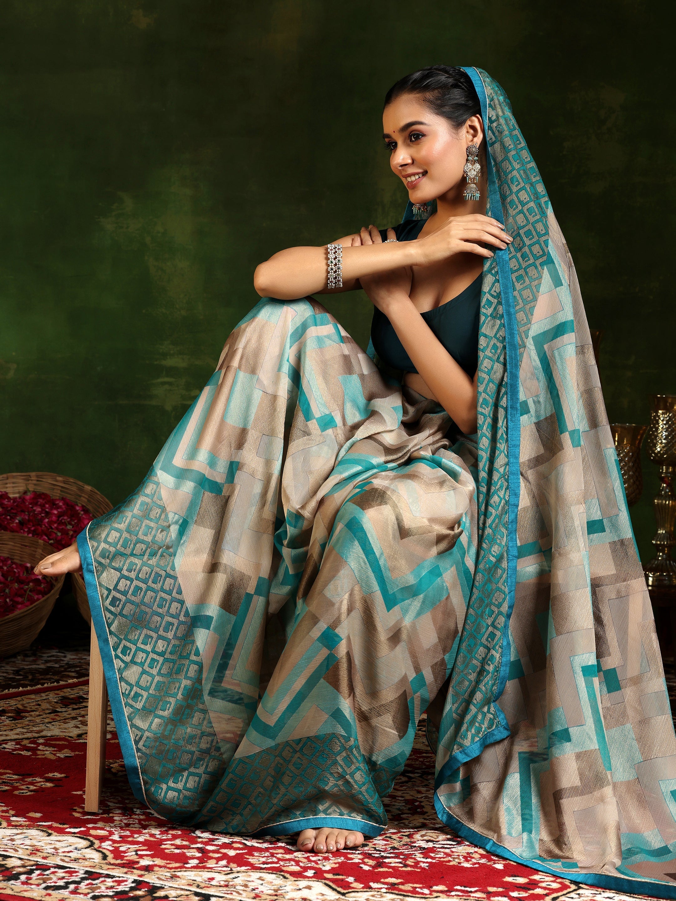 Rama Printed Poly Chiffon Saree With Unstitched Blouse Piece