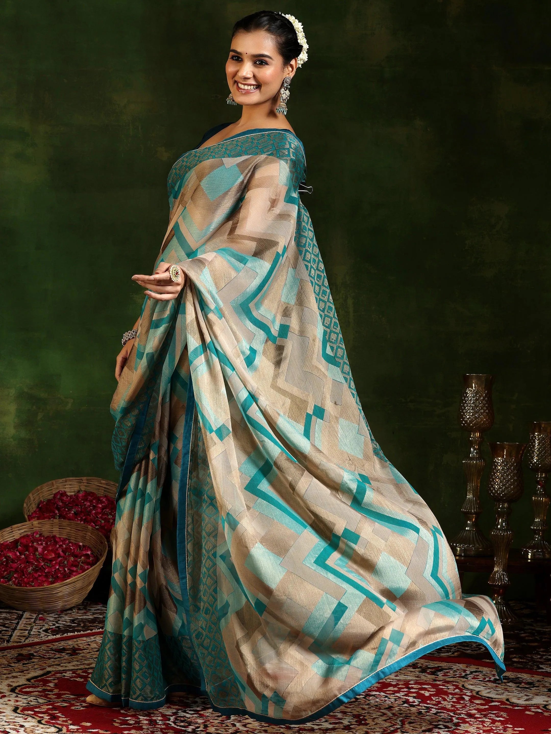 Rama Printed Poly Chiffon Saree With Unstitched Blouse Piece