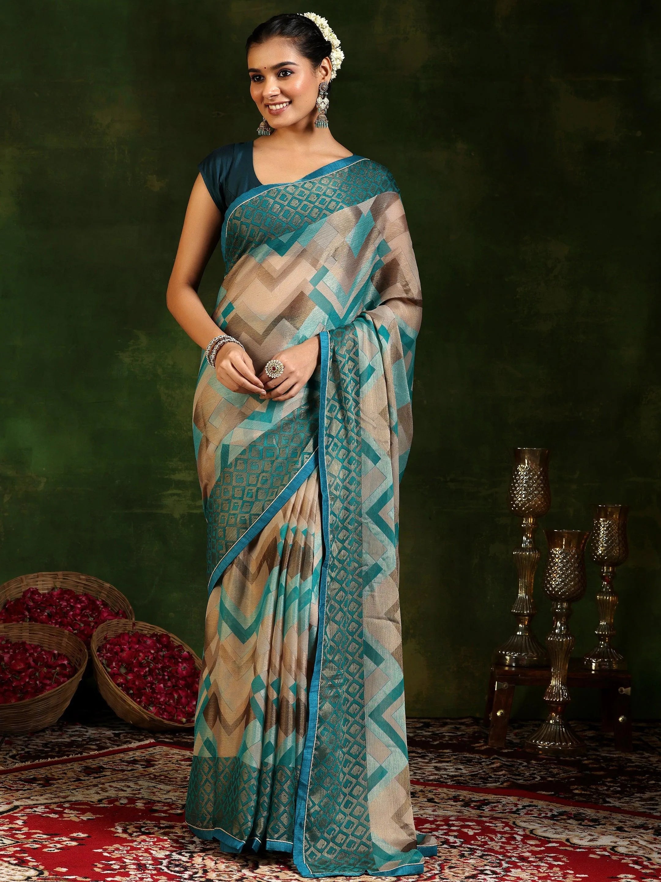 Rama Printed Poly Chiffon Saree With Unstitched Blouse Piece