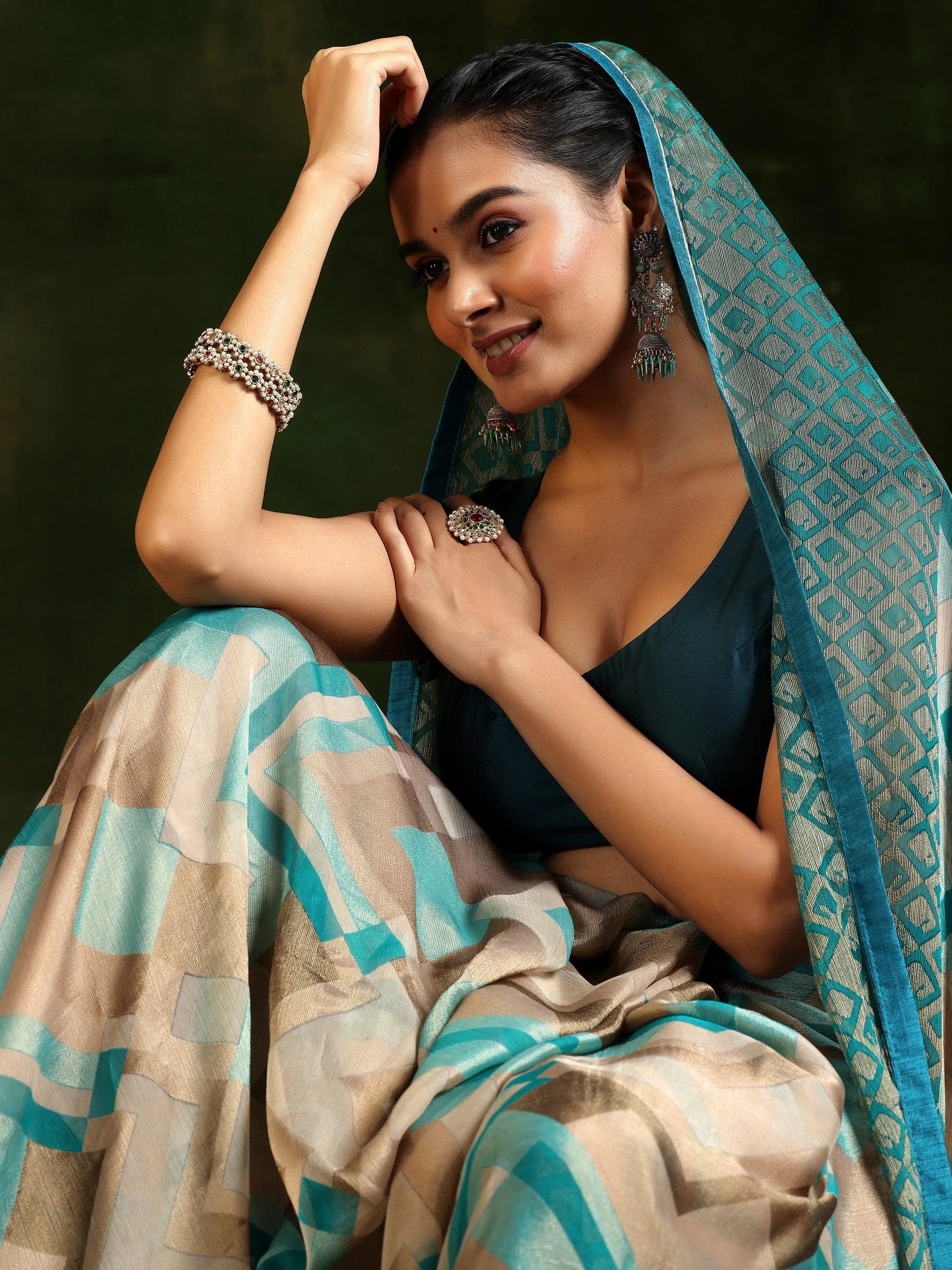 Rama Printed Poly Chiffon Saree With Unstitched Blouse Piece