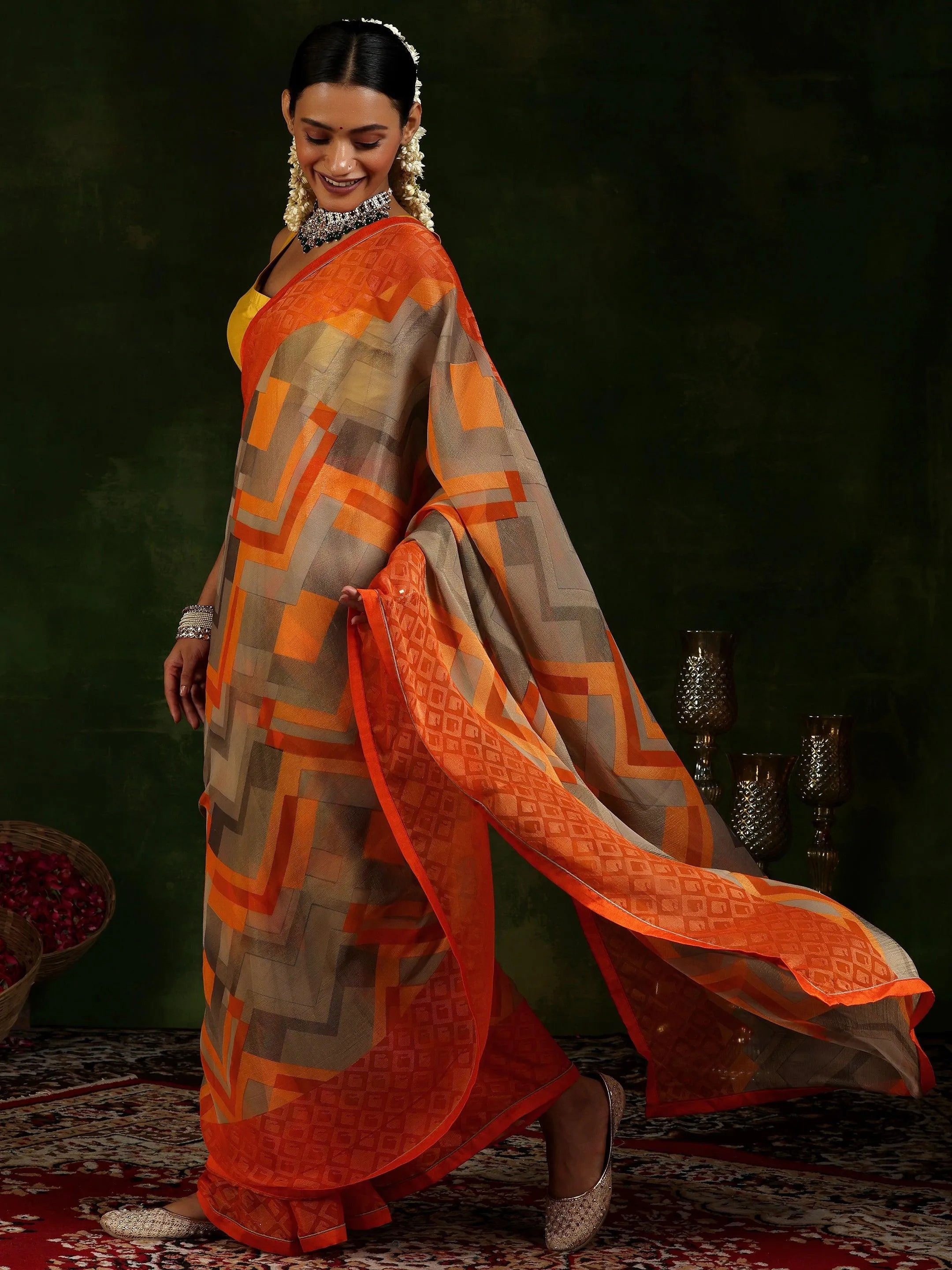 Orange Printed Poly Chiffon Saree With Unstitched Blouse Piece