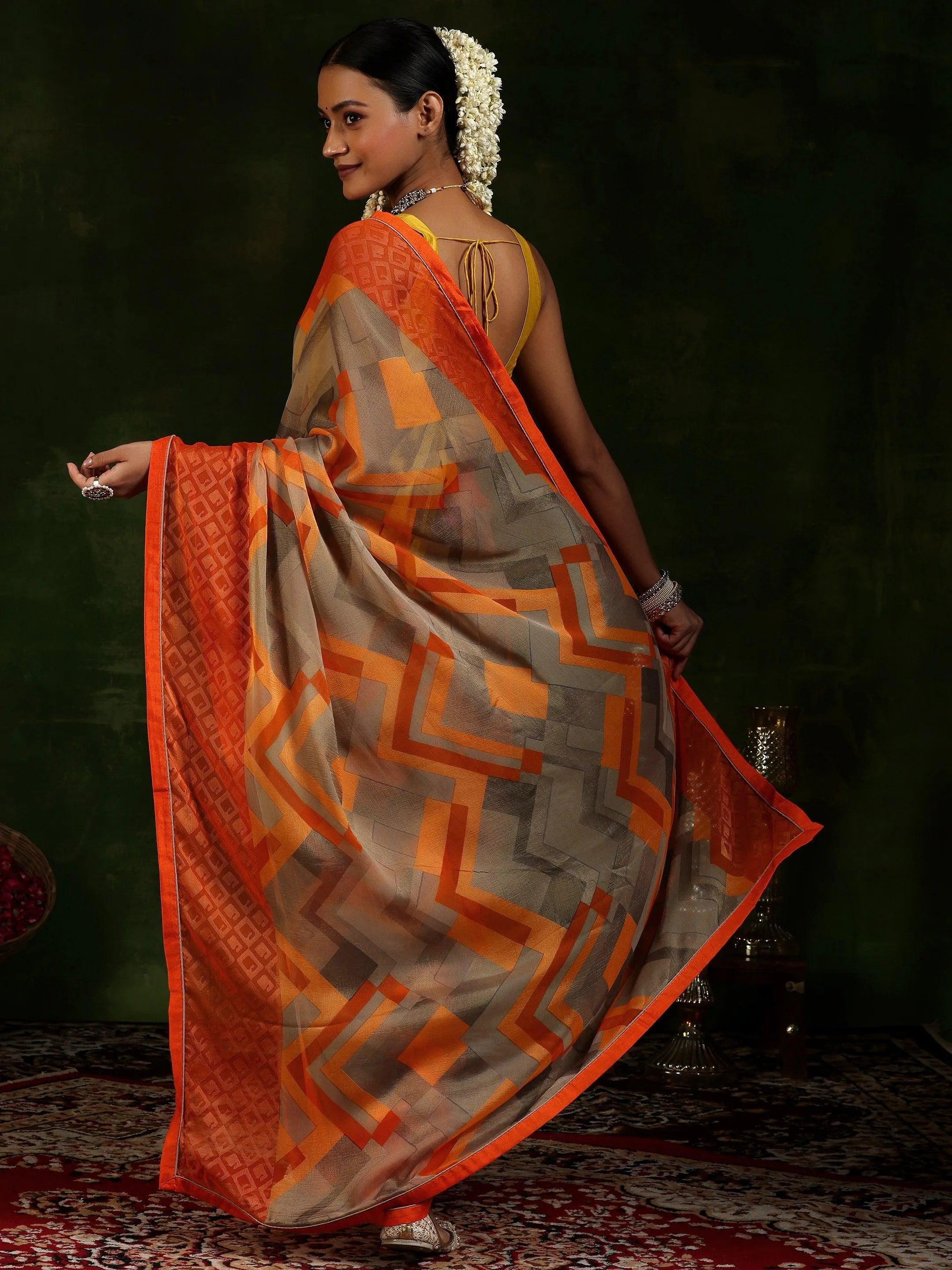 Orange Printed Poly Chiffon Saree With Unstitched Blouse Piece