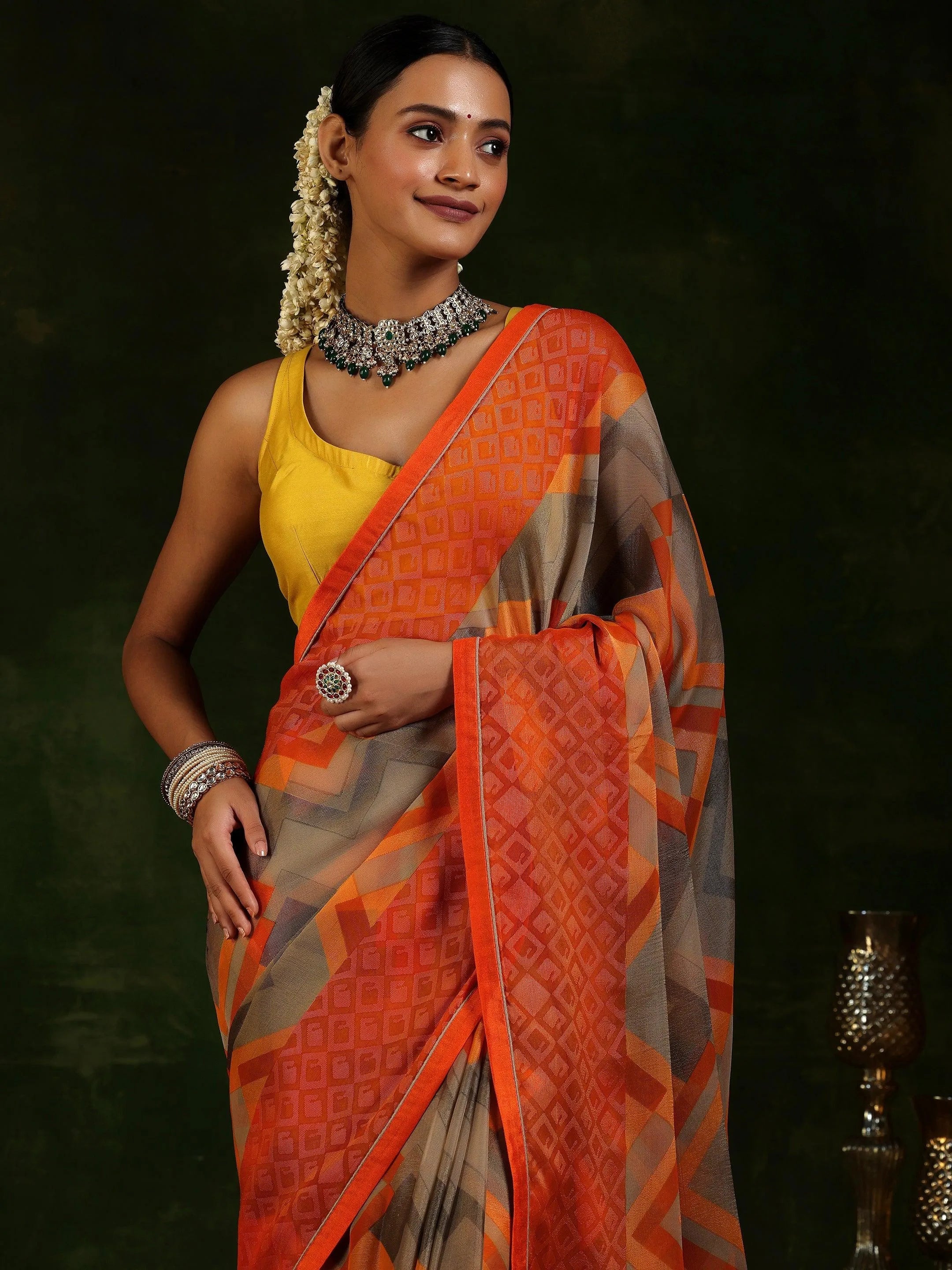 Orange Printed Poly Chiffon Saree With Unstitched Blouse Piece