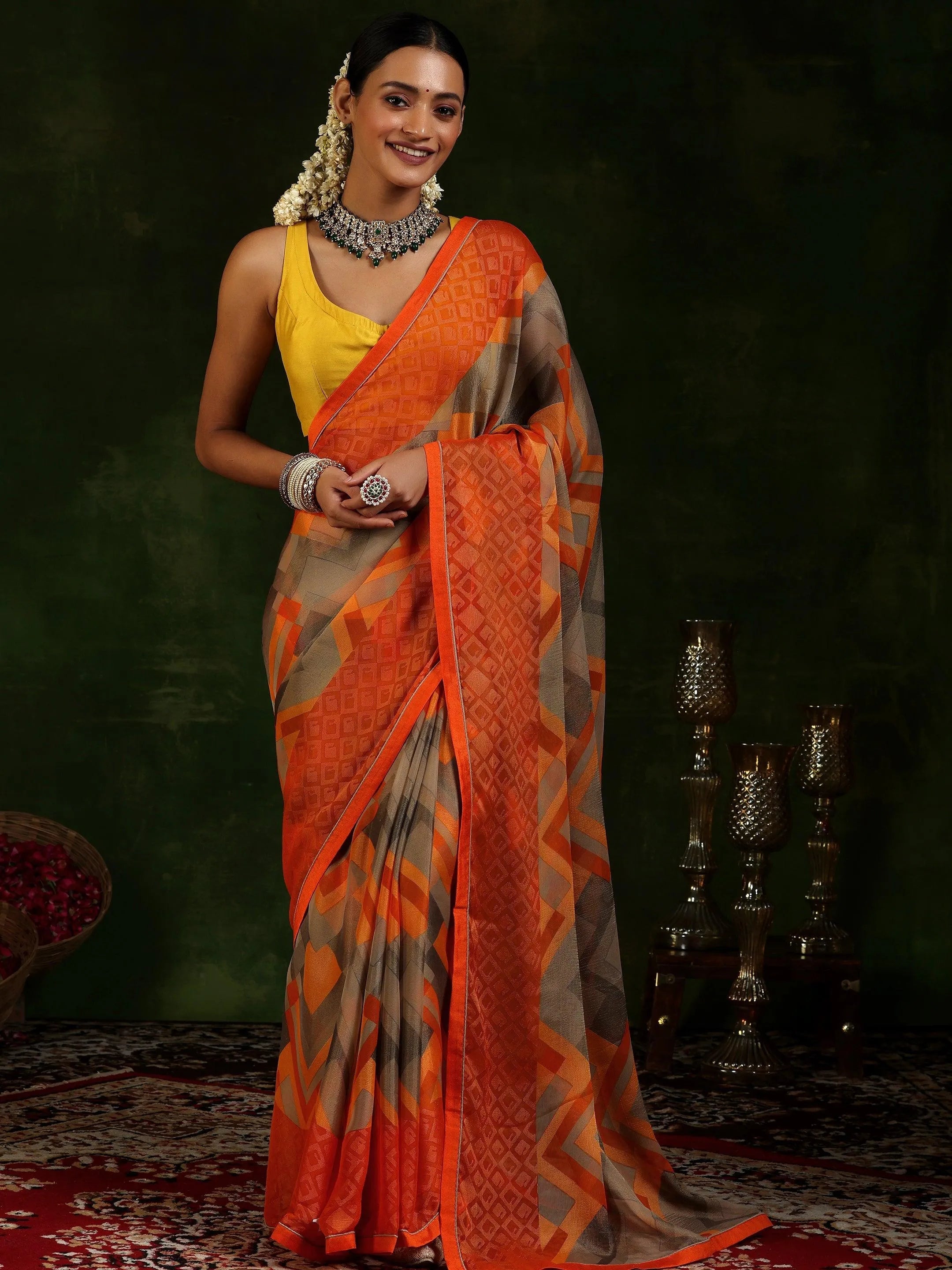 Orange Printed Poly Chiffon Saree With Unstitched Blouse Piece