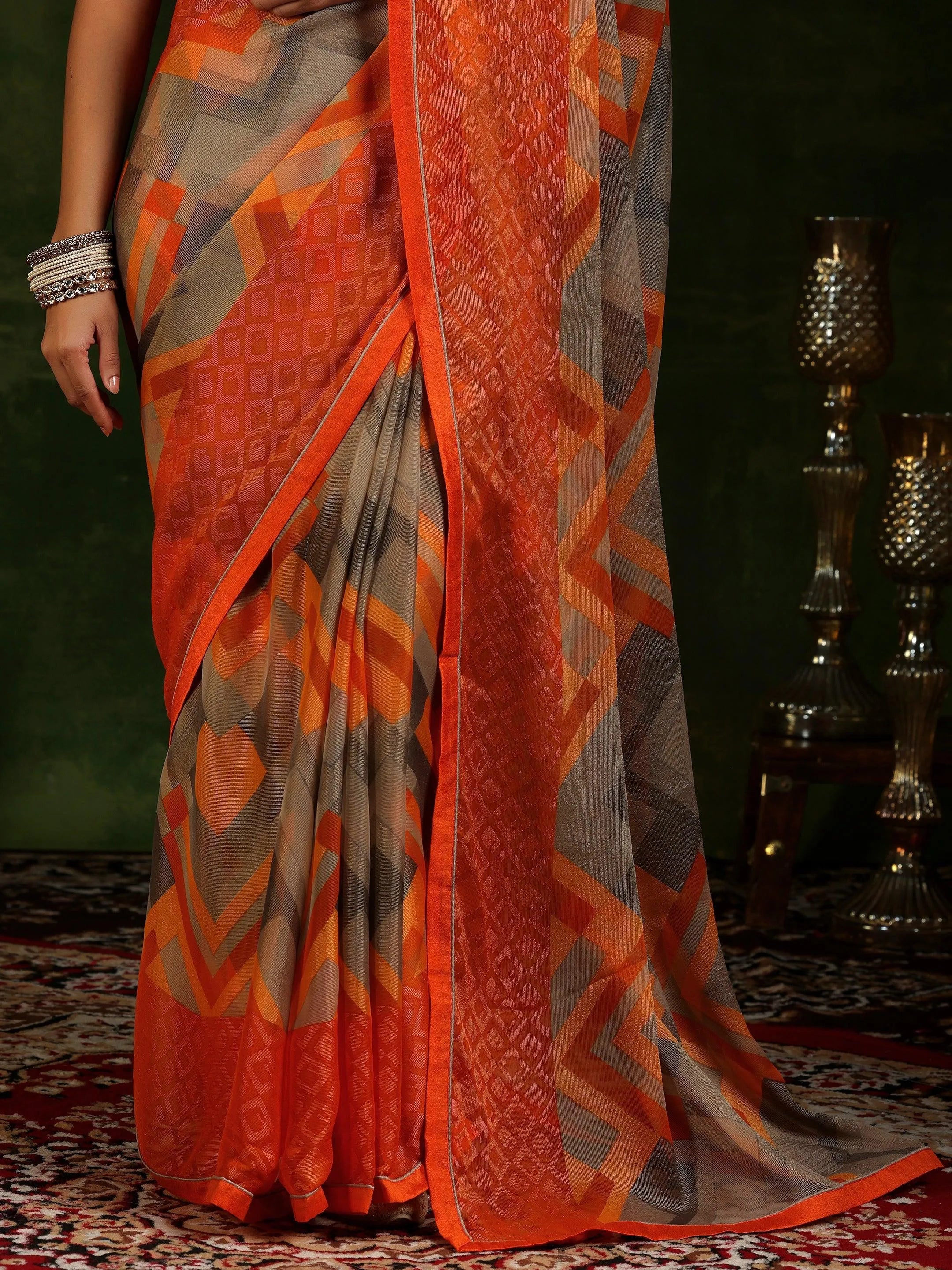 Orange Printed Poly Chiffon Saree With Unstitched Blouse Piece