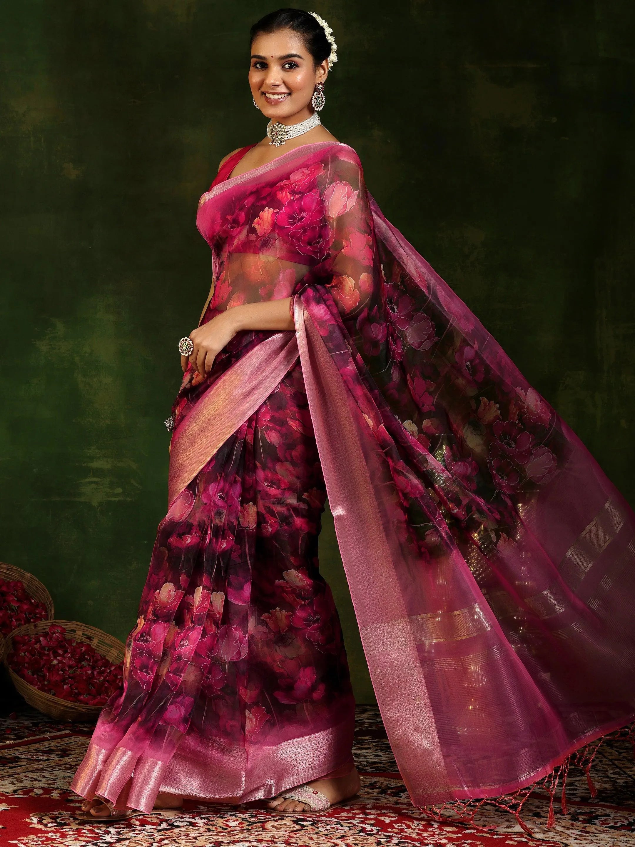 Pink Printed Organza Saree With Unstitched Blouse Piece