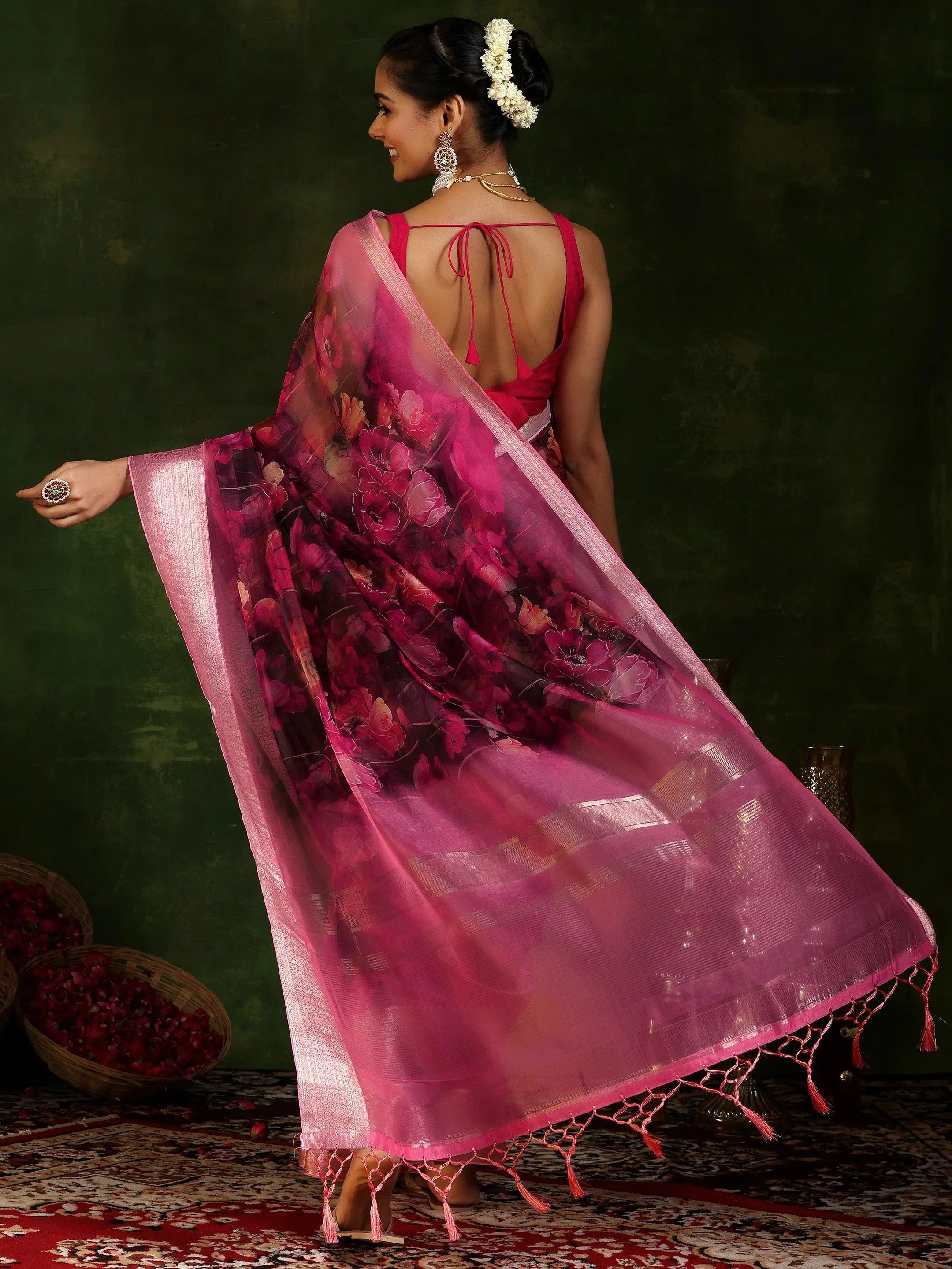 Pink Printed Organza Saree With Unstitched Blouse Piece