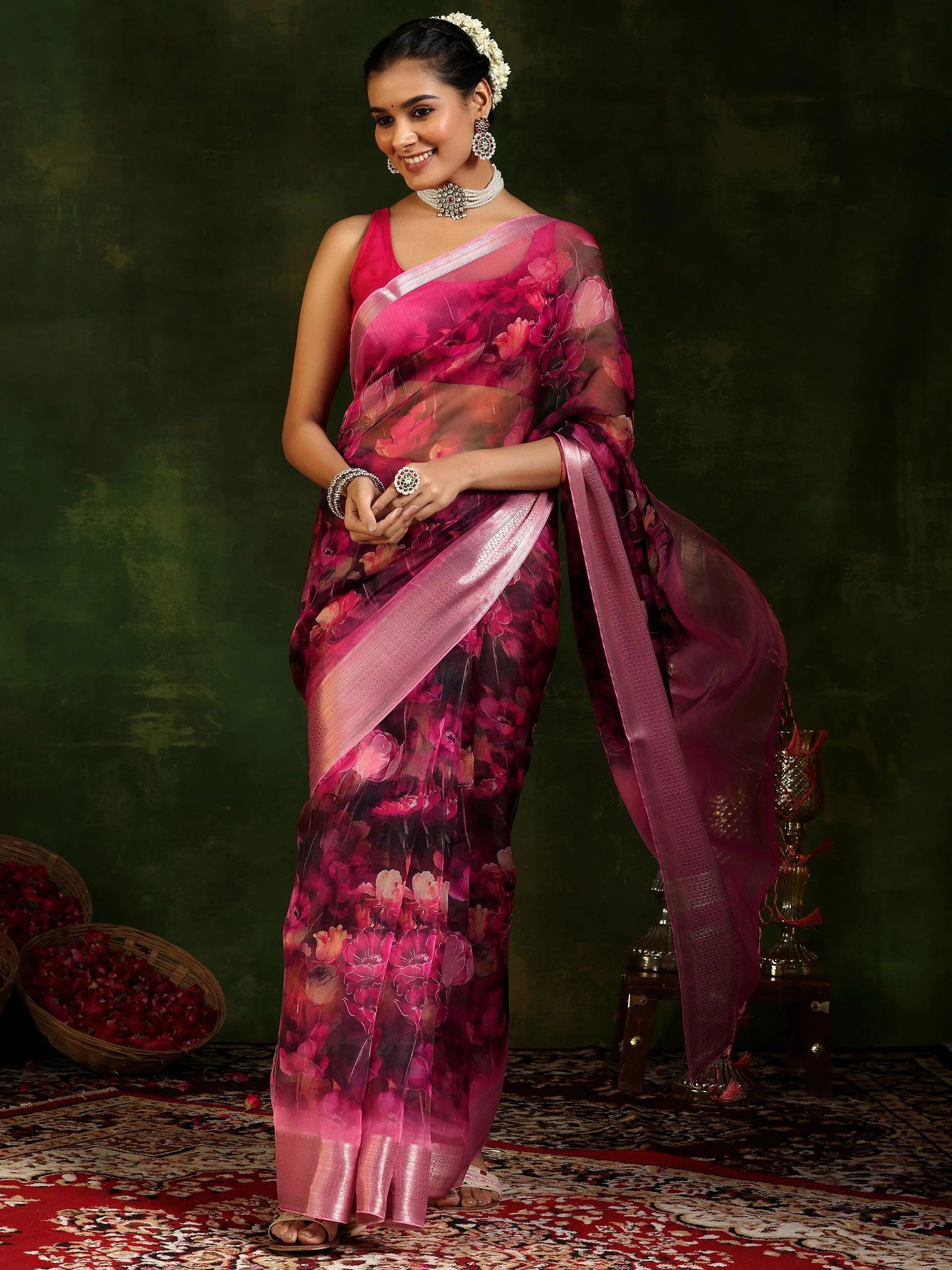 Pink Printed Organza Saree With Unstitched Blouse Piece