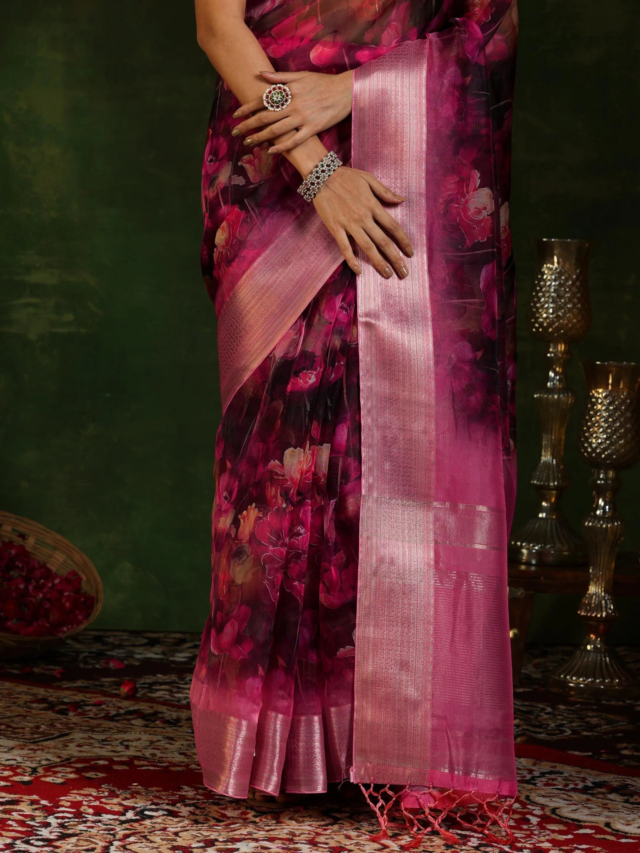 Pink Printed Organza Saree With Unstitched Blouse Piece