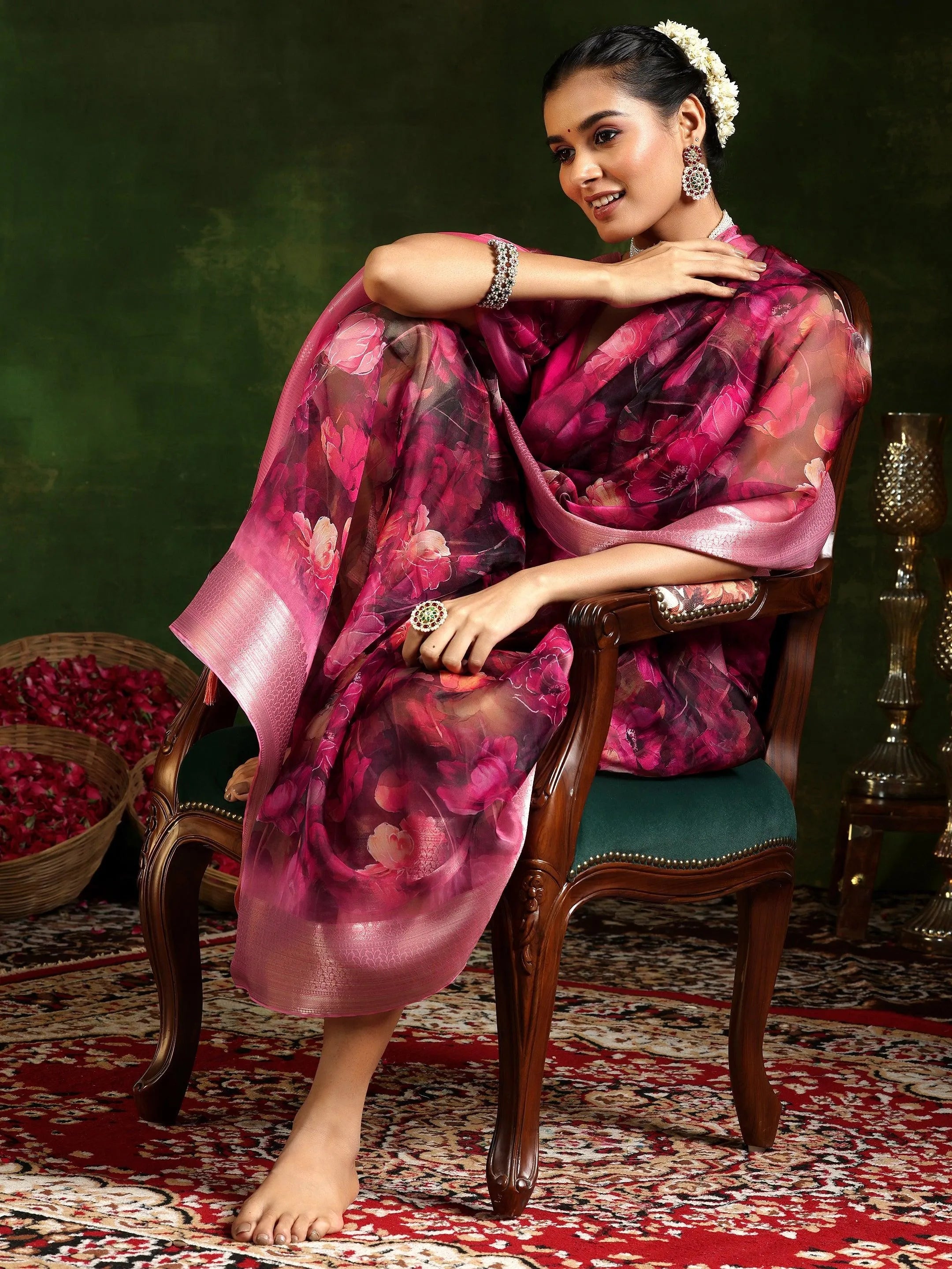 Pink Printed Organza Saree With Unstitched Blouse Piece