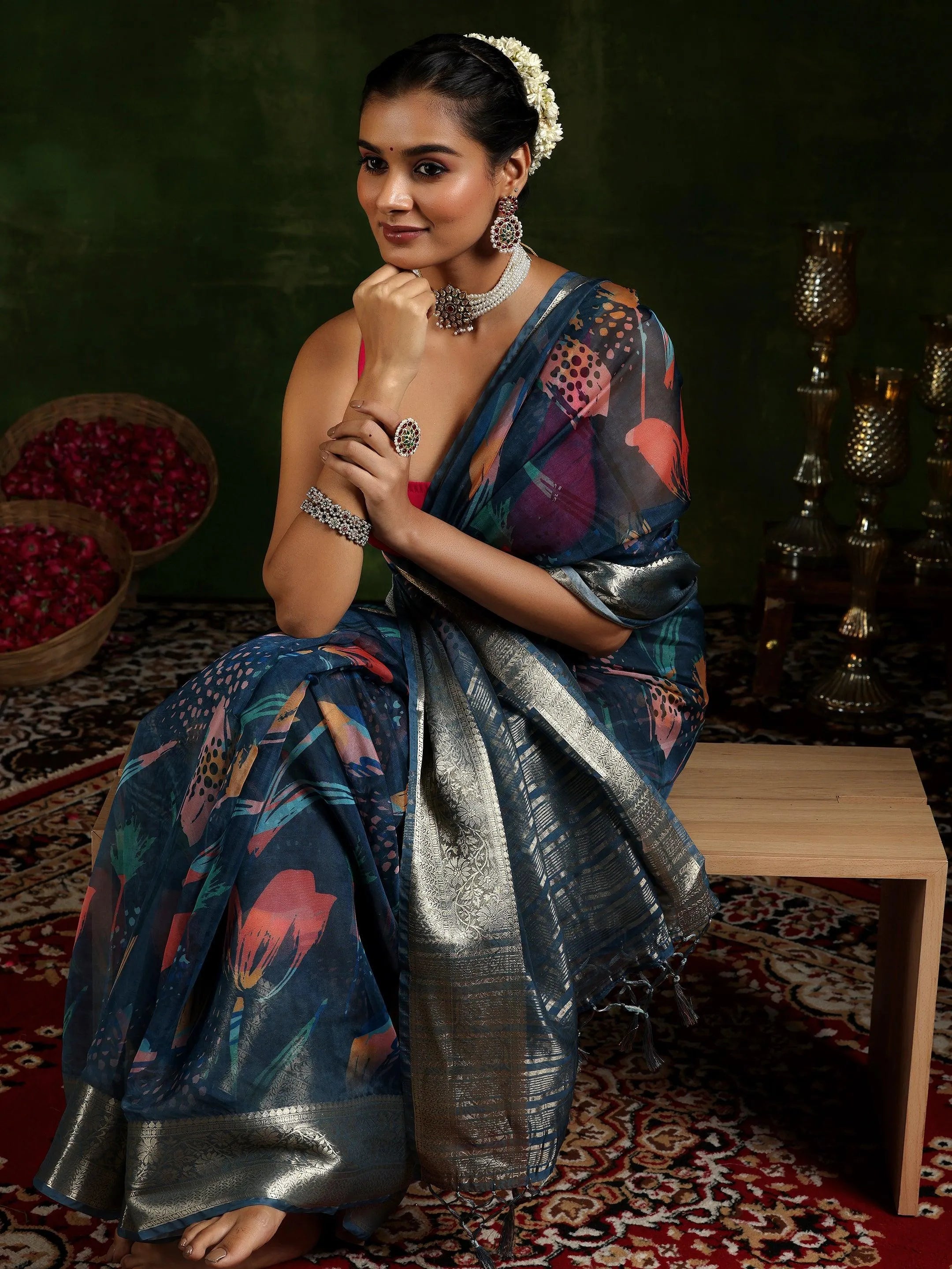 Blue Printed Organza Saree With Unstitched Blouse Piece