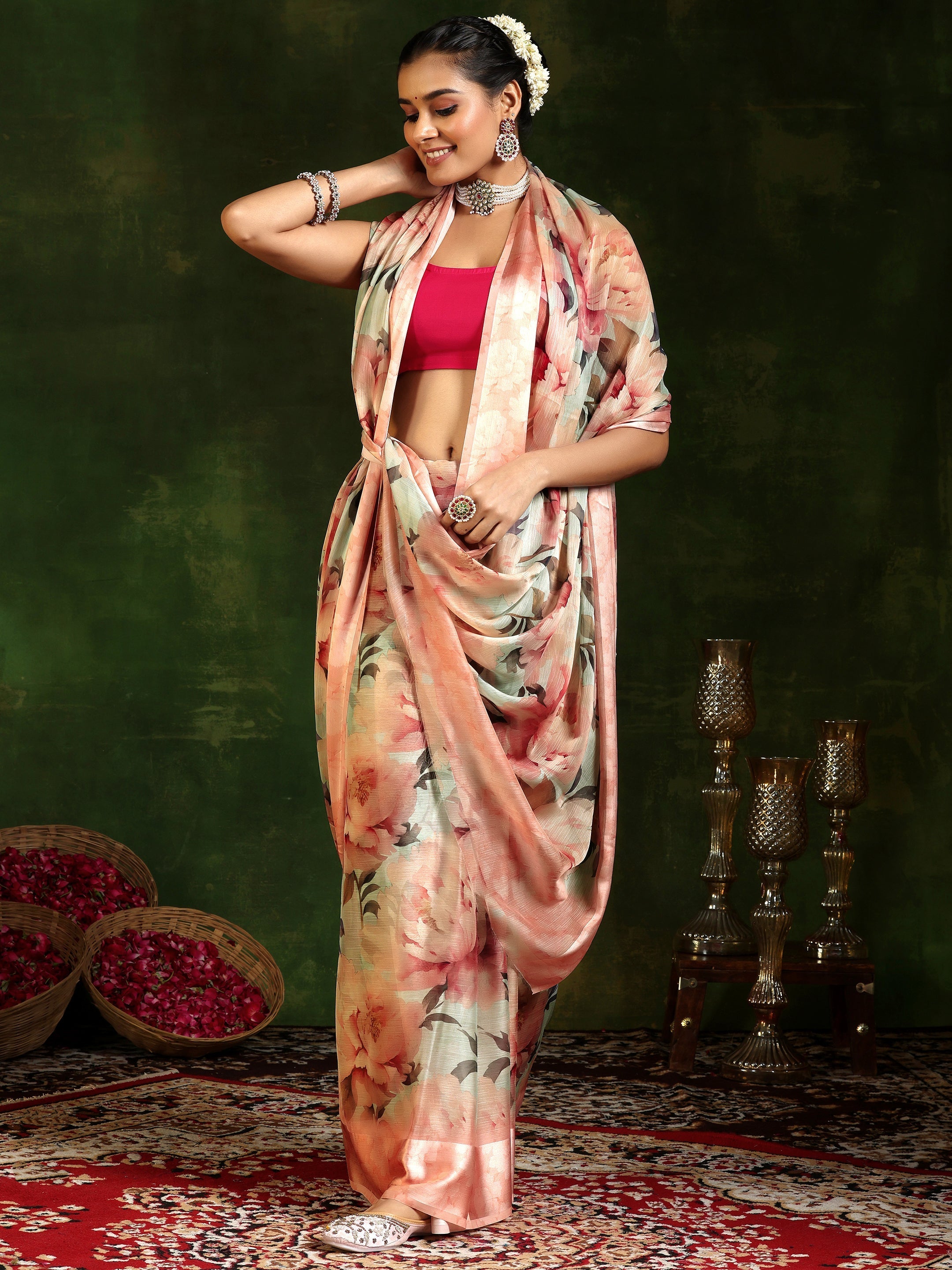 Peach Printed Poly Chiffon Saree With Unstitched Blouse Piece