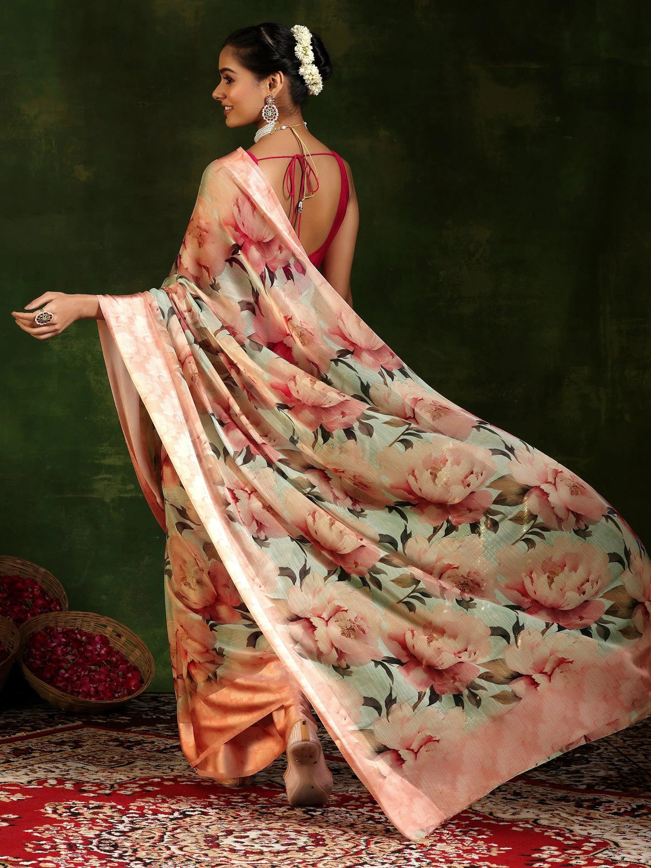 Peach Printed Poly Chiffon Saree With Unstitched Blouse Piece